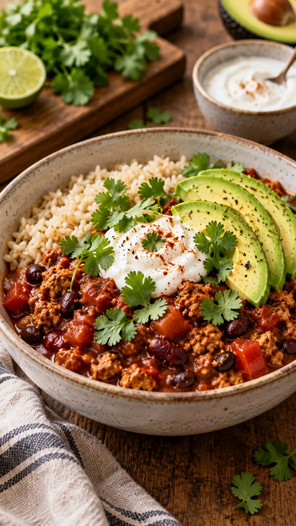 The Svelte 3 Day Meal Plan That Resets Your Metabolism Without Starving 4 Realistic lifestyle food photography of a hearty turkey bean chilli in a ceramic bowl with brown rice, avocado slices, Greek yogurt and fresh coriander, warm kitchen table setting, high-protein healthy dinner editorial style