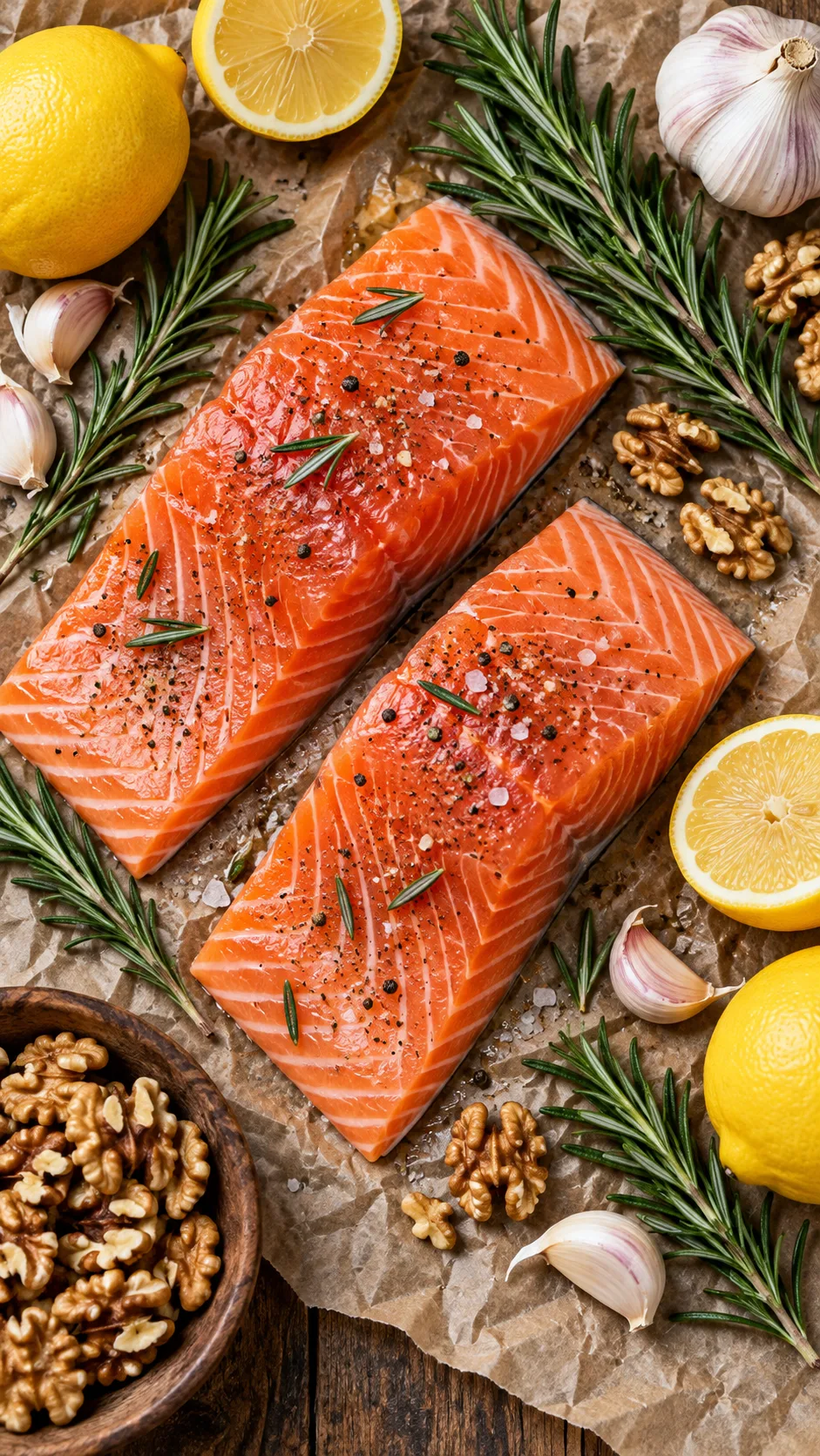 The Inflammation Diet for Beginners: What to Eat, What to Skip, and Why It Actually Works 2 Top-down flat lay shot of wild-caught salmon fillets on butcher paper surrounded by fresh sprigs of rosemary, lemons, garlic cloves, and raw walnuts.