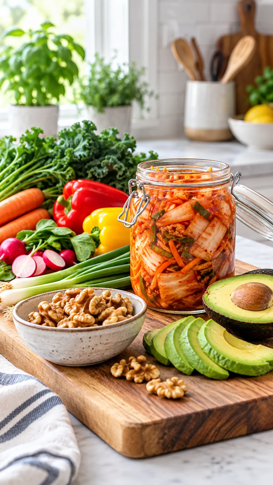 The Inflammation Diet for Beginners: What to Eat, What to Skip, and Why It Actually Works 3 A clean cutting board with brightly colored vegetables, an open glass jar of fermented kimchi, slices of avocado, and a bowl of fresh walnuts arranged neatly in an airy kitchen setting.