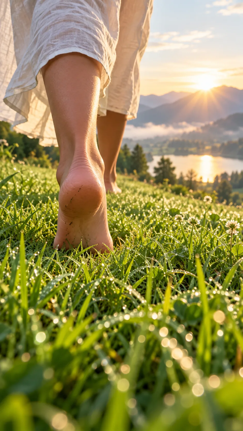 The Inflammation Diet for Beginners: What to Eat, What to Skip, and Why It Actually Works 4 A peaceful outdoor scene of a person walking barefoot through green dewy grass in morning sunlight, representing stress reduction and grounded healthy living.
