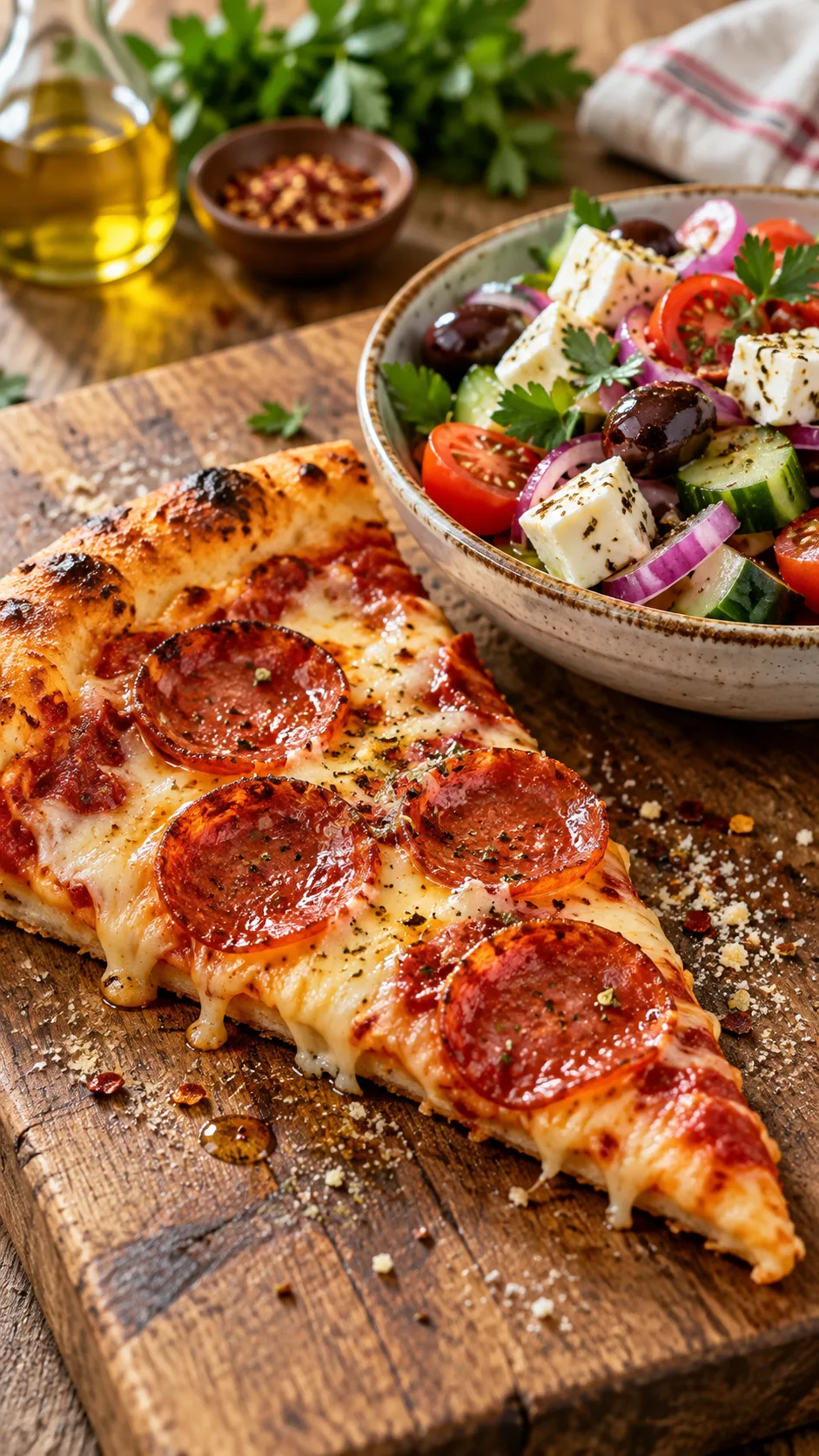 The 80/20 Diet Rule That Lets You Eat Pizza and Still Lose Weight 1 A fresh, mouth-watering slice of pepperoni pizza resting on a rustic wooden board next to a colorful, crisp Mediterranean salad, shot in warm natural kitchen lighting