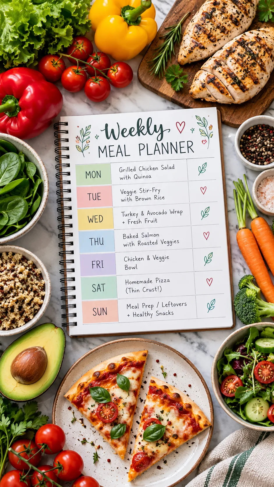 The 80/20 Diet Rule That Lets You Eat Pizza and Still Lose Weight 2 A flat-lay view of a weekly healthy meal planner surrounded by fresh vegetables, grilled chicken breast, and two small slices of pizza on a plate