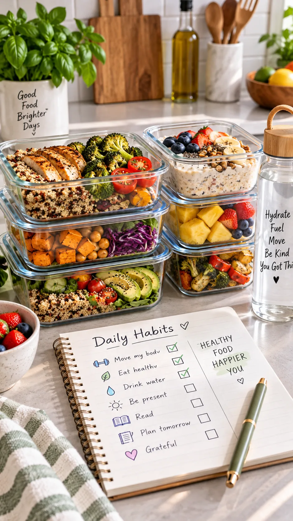 The 80/20 Diet Rule That Lets You Eat Pizza and Still Lose Weight 4 A neat kitchen counter showing meal prep glass containers filled with colorful healthy food, alongside a notebook journal tracking daily habits
