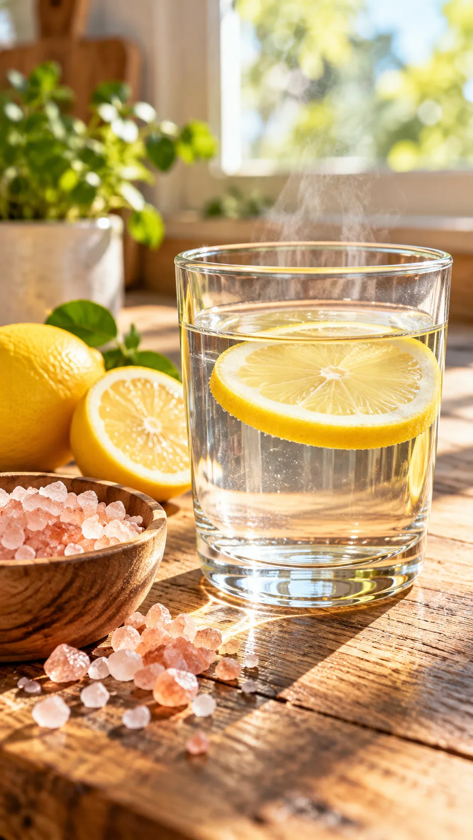 The Pink Salt Diet Trick That's Taking Over Healthy Eating (And Actually Works) 1 A crystal clear glass of warm water with a slice of fresh lemon and natural coarse pink Himalayan salt crystals resting on a rustic wooden countertop in bright morning sunlight