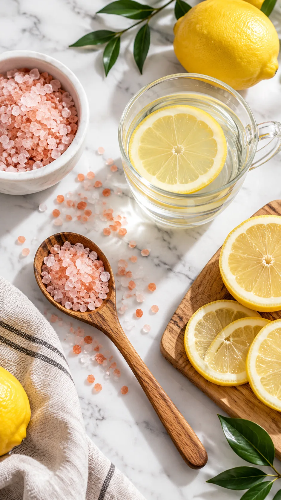 The Pink Salt Diet Trick That's Taking Over Healthy Eating (And Actually Works) 4 Clean aesthetic flat-lay photo of morning wellness ingredients including a wooden spoon filled with coarse pink Himalayan salt, freshly sliced lemons, and a glass cup on white marble