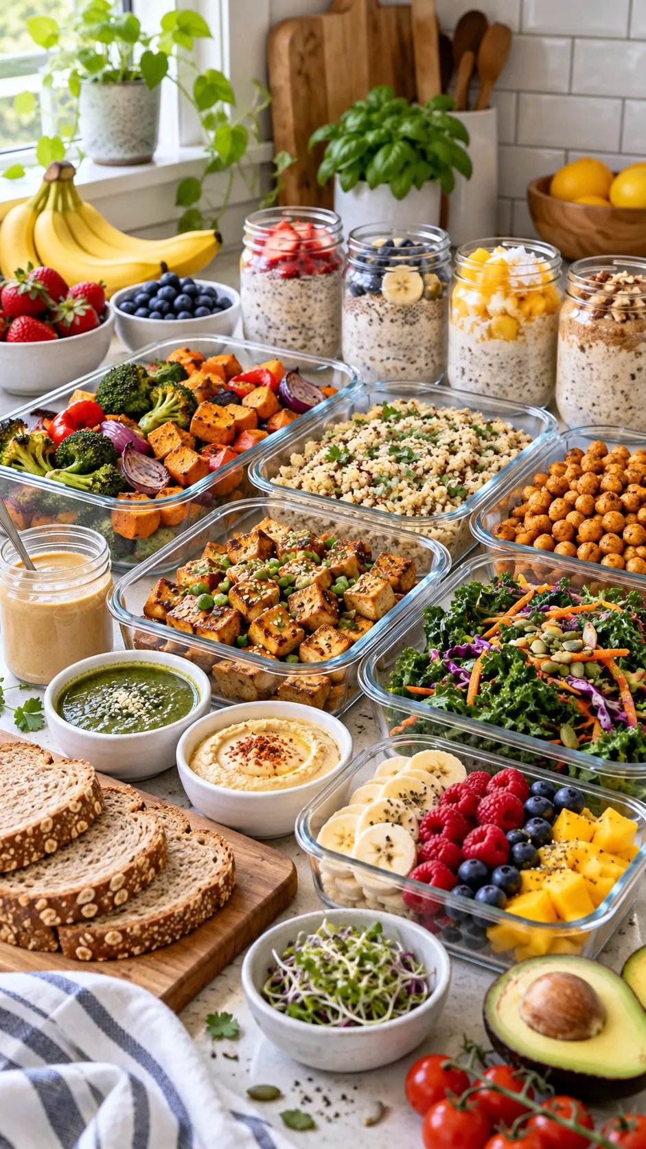 Bright natural-light food photography of a colorful vegan meal prep spread on a home kitchen counter: glass containers with roasted vegetables, quinoa, chickpeas, tofu, overnight oats, fresh fruit, leafy greens, sauces and whole-grain bread, realistic approachable weekday meal planning scene