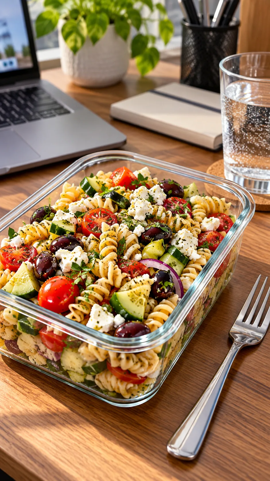 Pasta Salad Meal Prep That Keeps You Full All Week (No Sad Desk Lunches) 1 A vibrant, delicious Mediterranean pasta salad inside a high-end glass meal prep container sitting on an office wooden desk next to a stainless steel fork and a glass of water