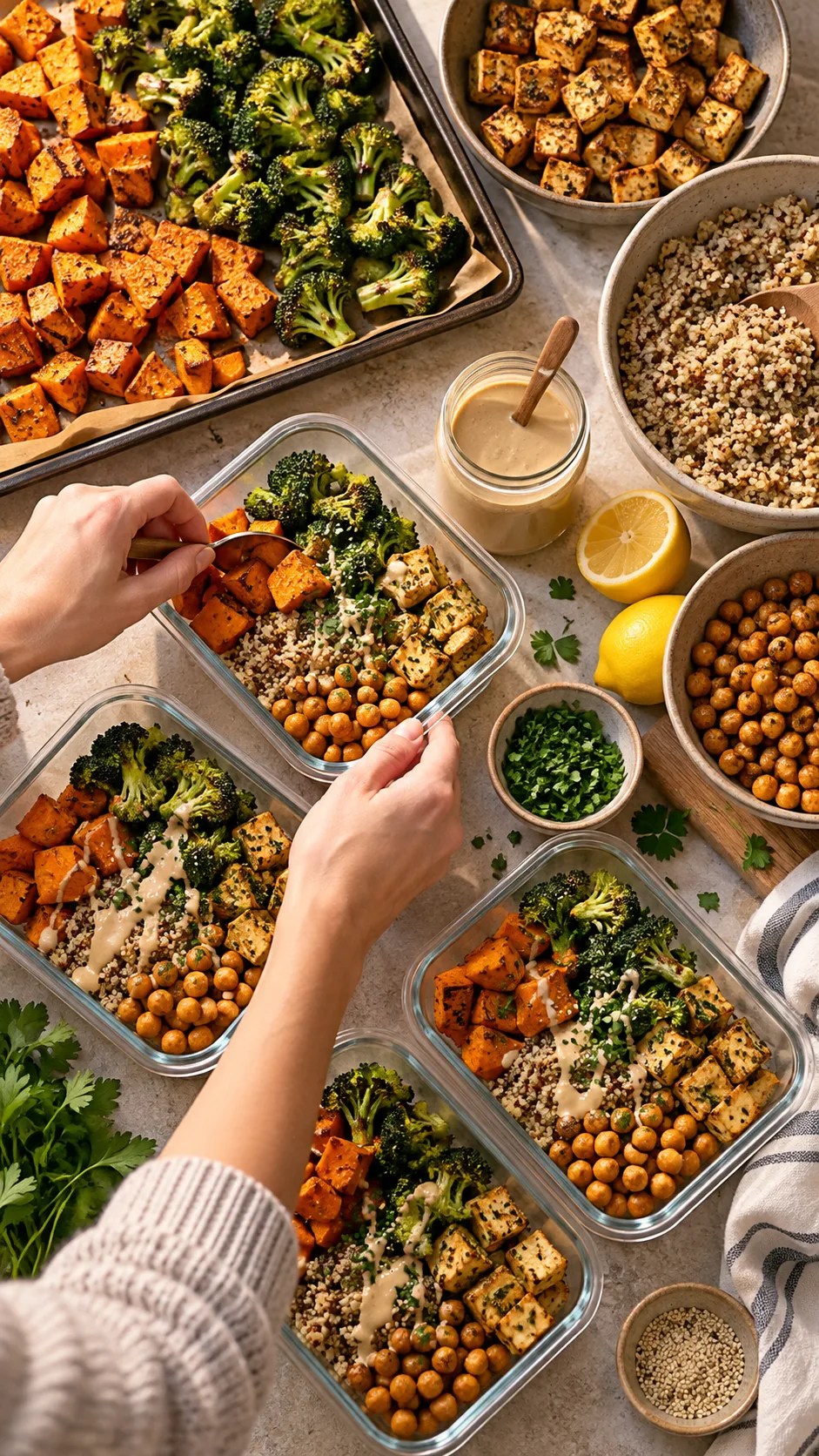 Overhead realistic food photography of vegan Sunday meal prep: hands portioning roasted sweet potatoes, broccoli, seasoned tofu, quinoa and chickpeas into reusable glass containers, tahini lemon dressing in a small jar, warm inviting kitchen light