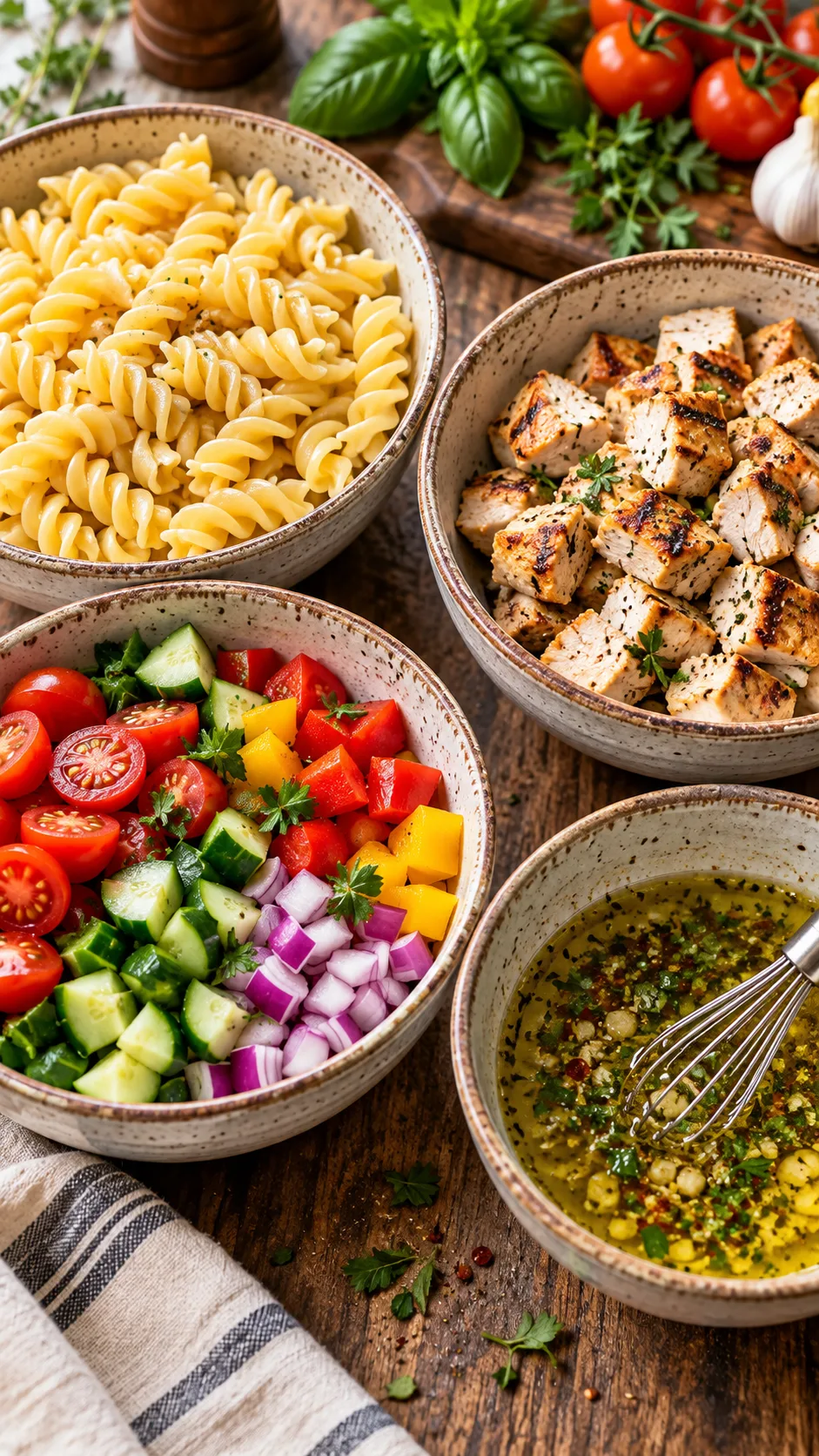 Pasta Salad Meal Prep That Keeps You Full All Week (No Sad Desk Lunches) 2 Four rustic kitchen bowls displaying the four components of healthy pasta meal prep: al dente pasta shapes, grilled diced chicken breast, bright diced raw vegetables, and a homemade herb vinaigrette