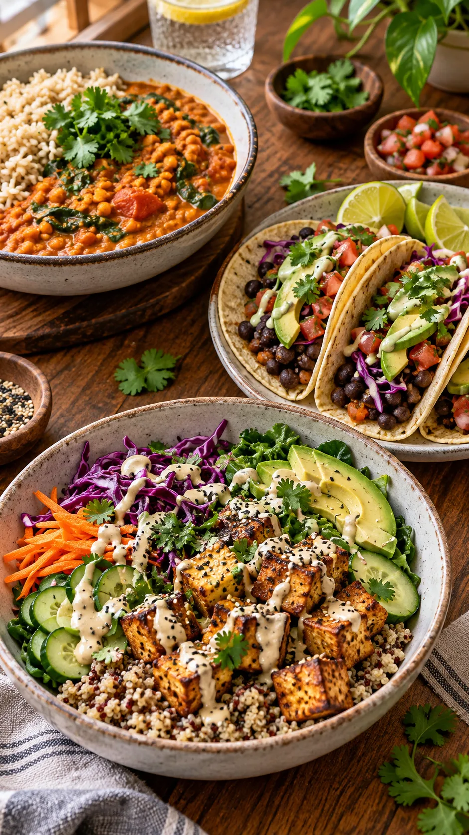 Editorial food photography of three easy vegan dinners on a wooden dining table: colorful tofu quinoa bowl with tahini sauce, black bean tacos with avocado and cabbage, red lentil curry with brown rice, vibrant natural colors and realistic home cooking presentation