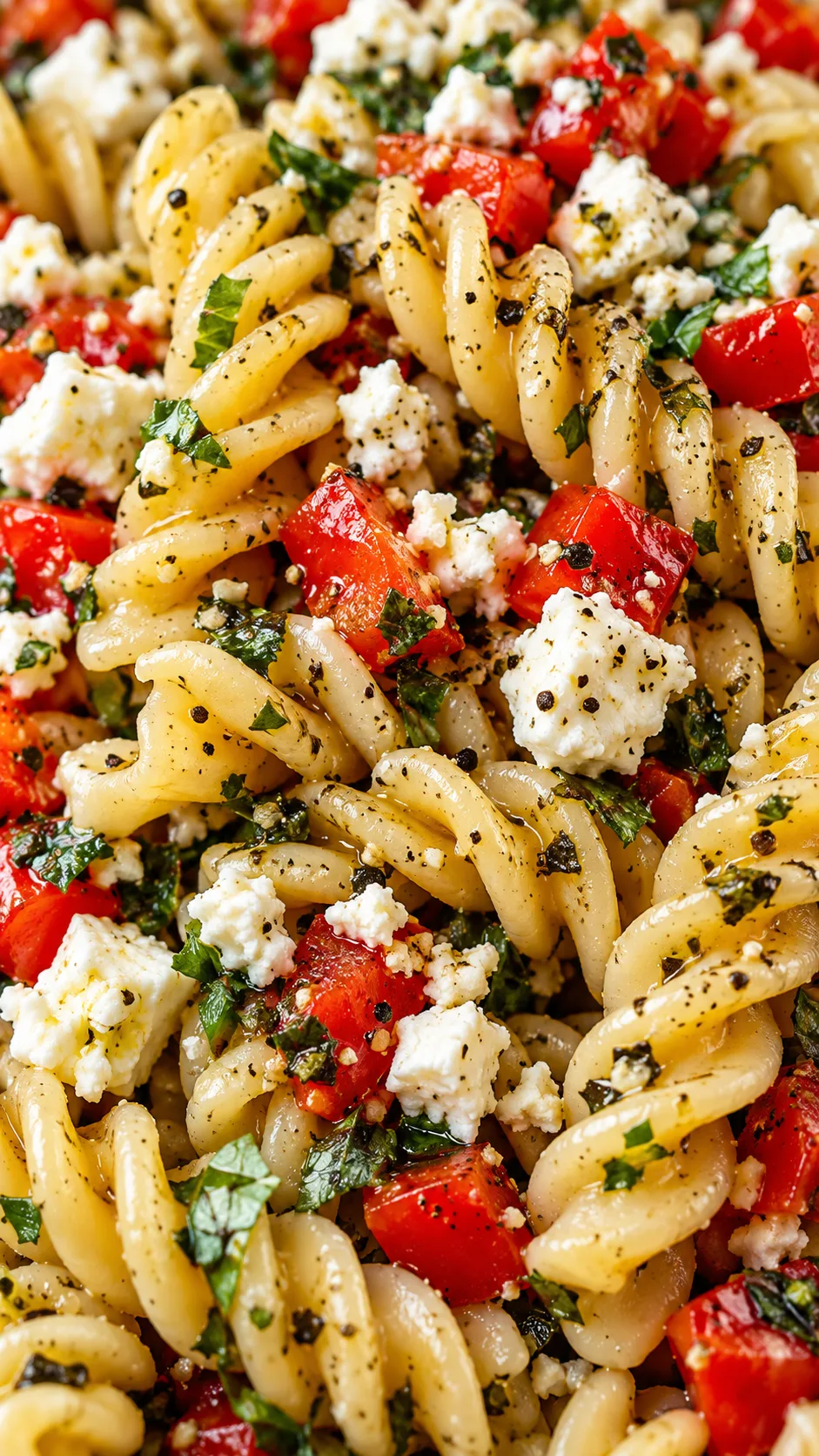 Pasta Salad Meal Prep That Keeps You Full All Week (No Sad Desk Lunches) 3 Close up macro photograph of al dente fusilli pasta coated in herb dressing with visible cracked black pepper, diced red pepper, and feta crumbles