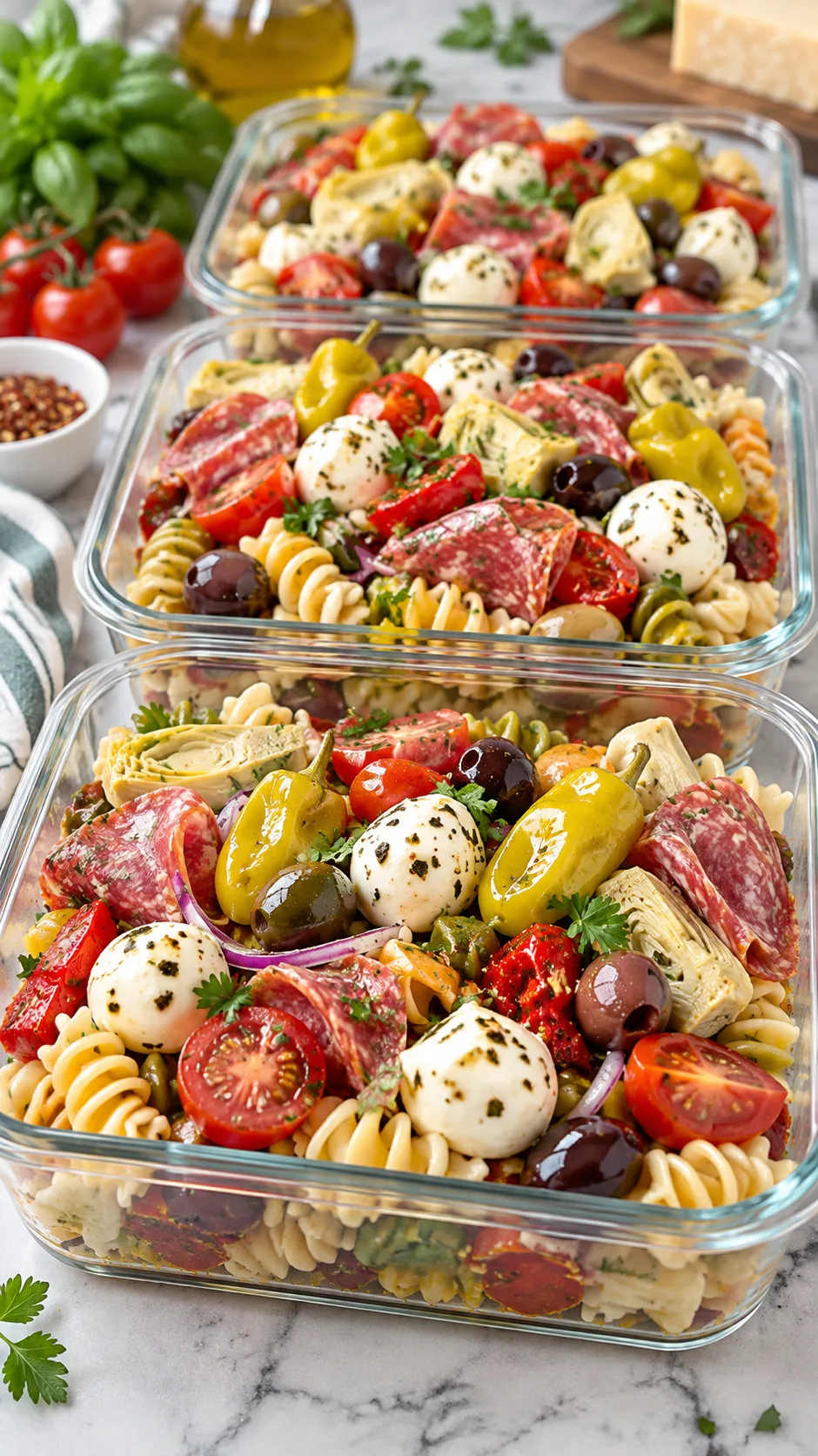 Pasta Salad Meal Prep That Keeps You Full All Week (No Sad Desk Lunches) 4 Glass meal prep bowls arranged in a row filled with colorful Italian antipasto pasta salad containing salami, mozzarella pearls, and pepperoncini