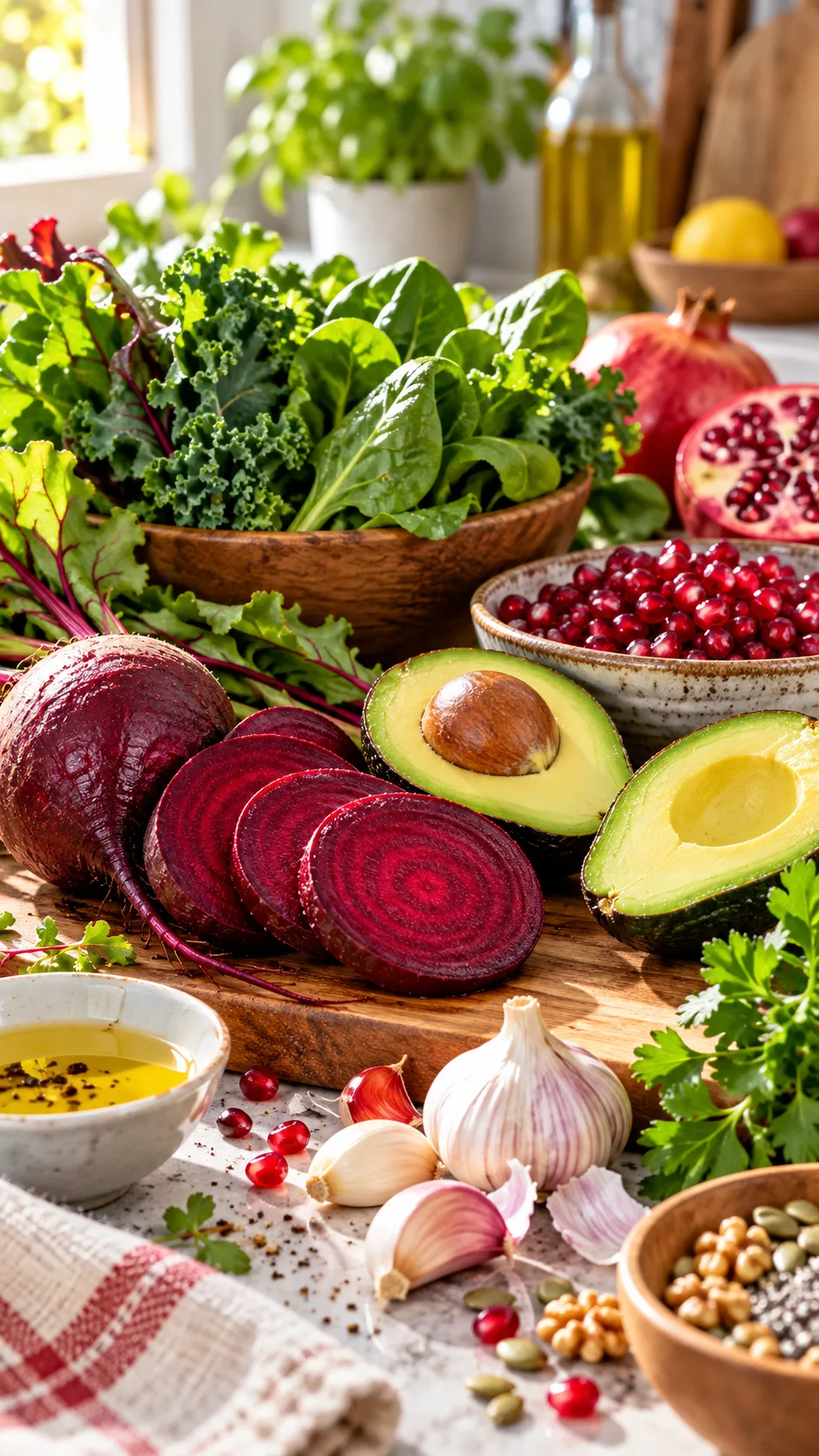 The Hypertension Diet Mistakes That Keep Your Blood Pressure High (And What to Eat Instead) 1 A vibrant kitchen counter displaying colorful heart-healthy whole foods: fresh leafy greens, sliced beets, ripe avocados, pomegranate seeds, and garlic cloves, shot in bright natural morning light with shallow depth of field.