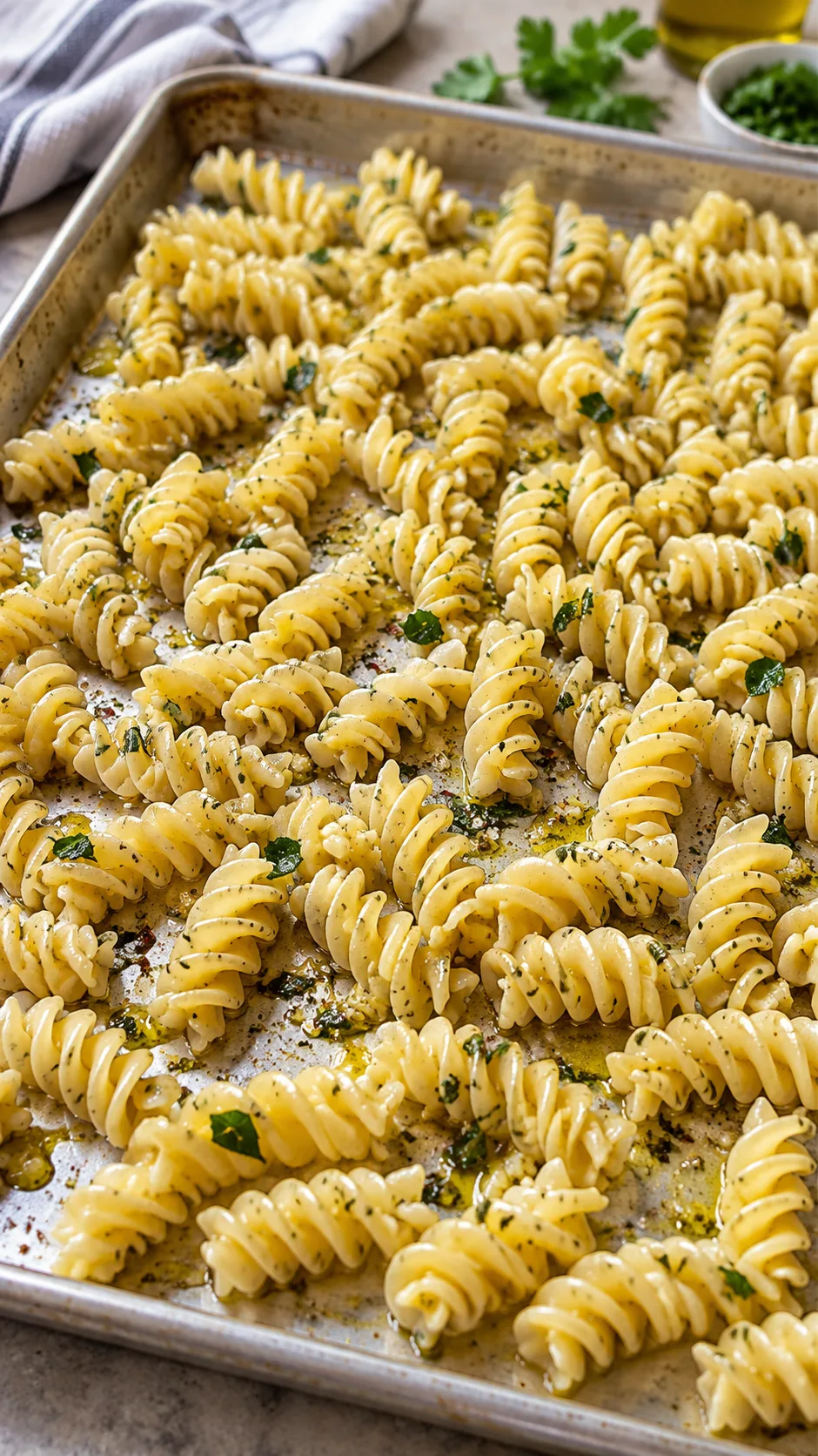 Pasta Salad Meal Prep That Keeps You Full All Week (No Sad Desk Lunches) 5 Cooked spiral rotini pasta spread out on a large aluminum baking sheet cooling at room temperature, glistening with a light herb oil coating