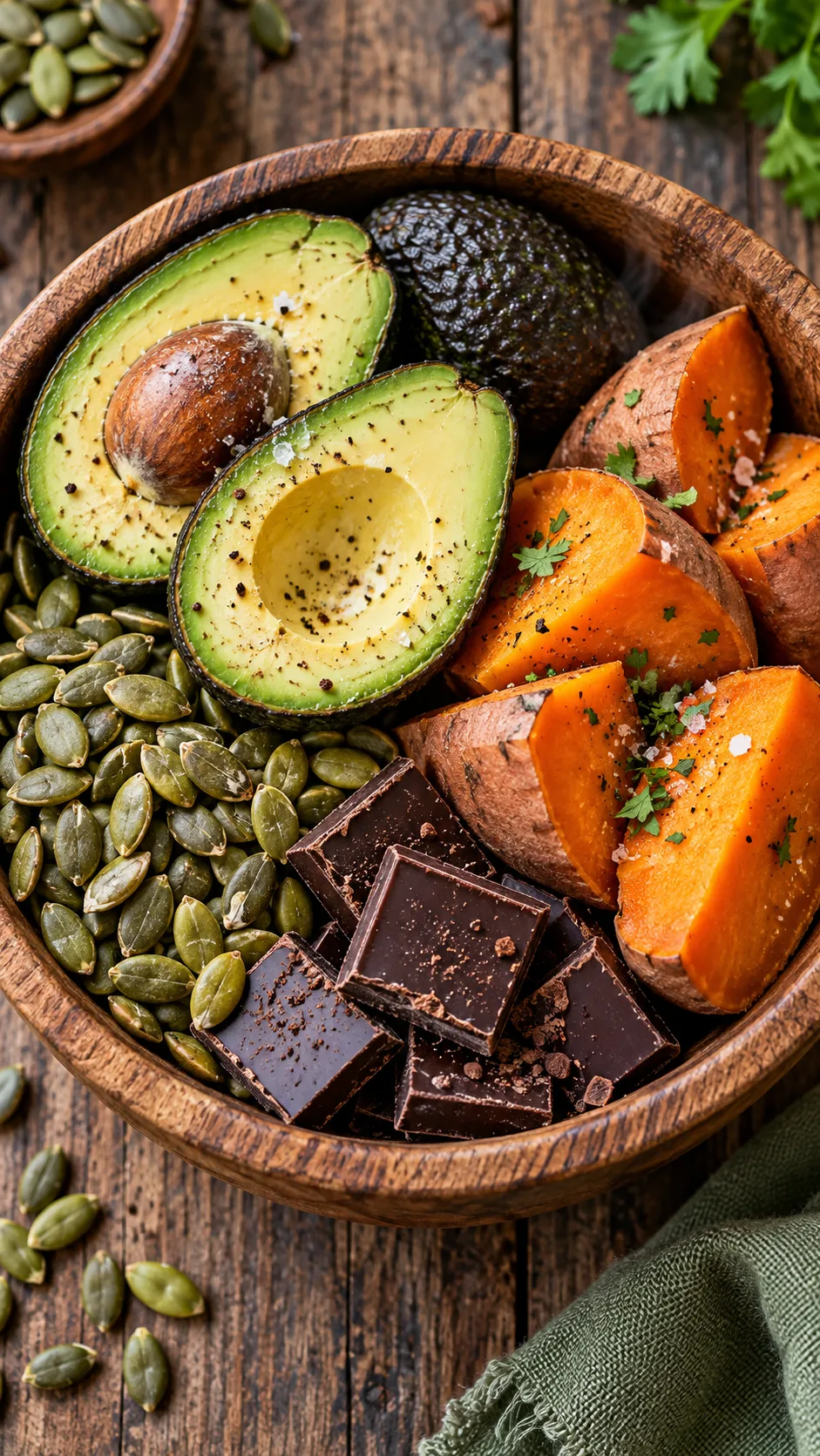 The Hypertension Diet Mistakes That Keep Your Blood Pressure High (And What to Eat Instead) 2 A rustic wooden bowl filled with high-potassium and magnesium foods including ripe avocados, pumpkin seeds, dark chocolate squares, and steamed sweet potatoes, styled cleanly from a high-angle macro perspective.
