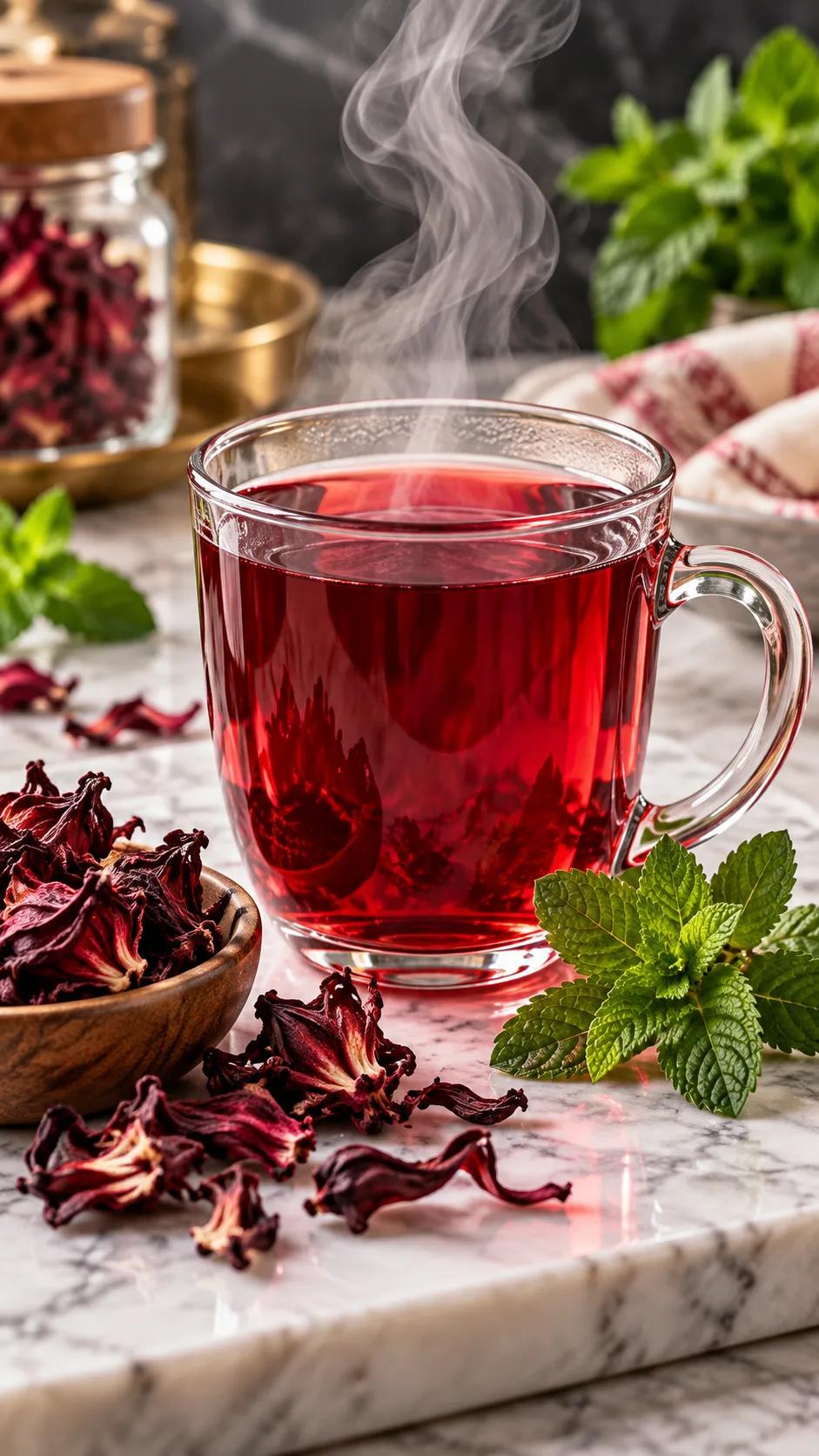 The Hypertension Diet Mistakes That Keep Your Blood Pressure High (And What to Eat Instead) 3 A clear glass mug containing deep ruby-red hibiscus tea, with steam rising gracefully, garnished with dried hibiscus flowers and fresh mint leaves on a marble table.