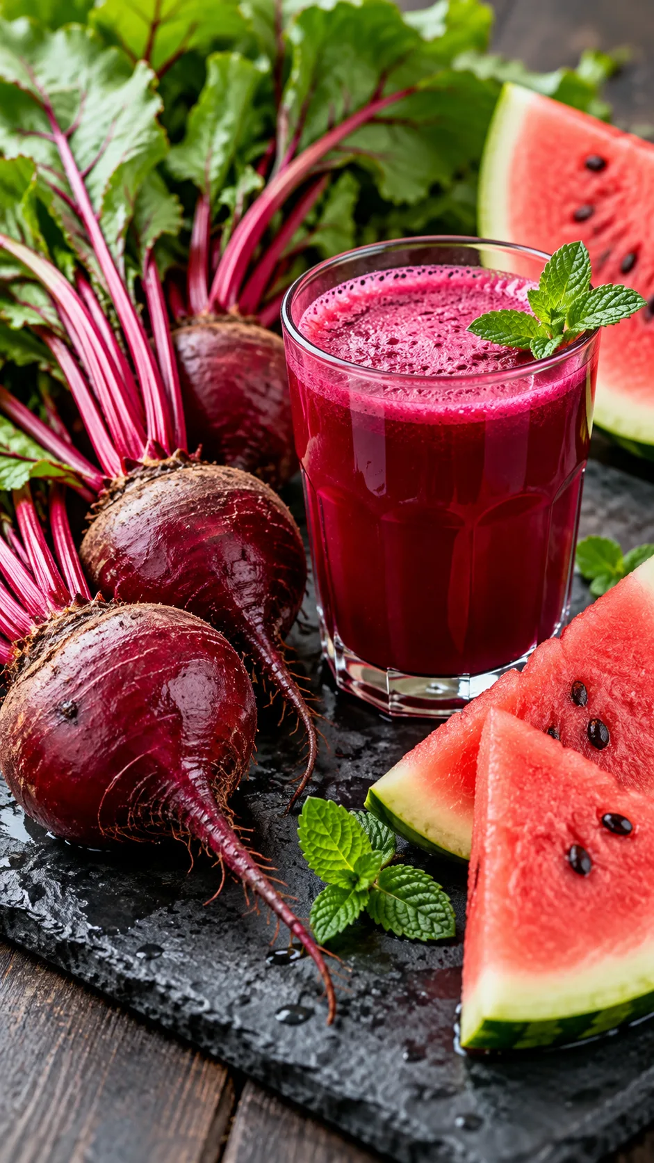 The Hypertension Diet Mistakes That Keep Your Blood Pressure High (And What to Eat Instead) 4 Fresh vibrant red beets with green stems attached, sitting beside a freshly extracted glass of deep purple beet juice and slices of crisp watermelon on a slate board.