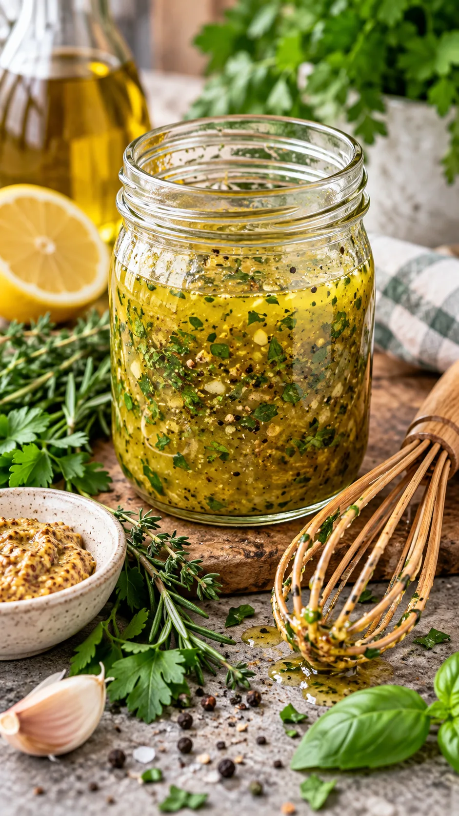 The Hypertension Diet Mistakes That Keep Your Blood Pressure High (And What to Eat Instead) 5 A homemade glass jar of freshly whisked herb vinaigrette with visible herbs, cracked black pepper, olive oil, and Dijon mustard, sitting next to a wooden whisk and fresh herbs.