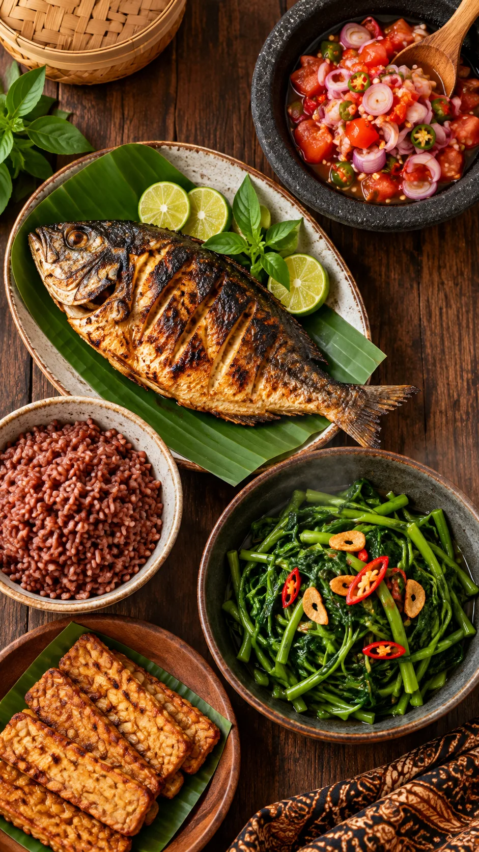 7 Day Diet Menu Indonesia: Lose Weight Without Giving Up Your Favorite Local Dishes 1 A beautifully arranged healthy Indonesian meal on a dark wooden table with grilled fish, sambal dabu-dabu, steaming fresh water spinach, half a cup of red rice, and sliced tempeh, captured in warm natural lighting, top-down food photography view