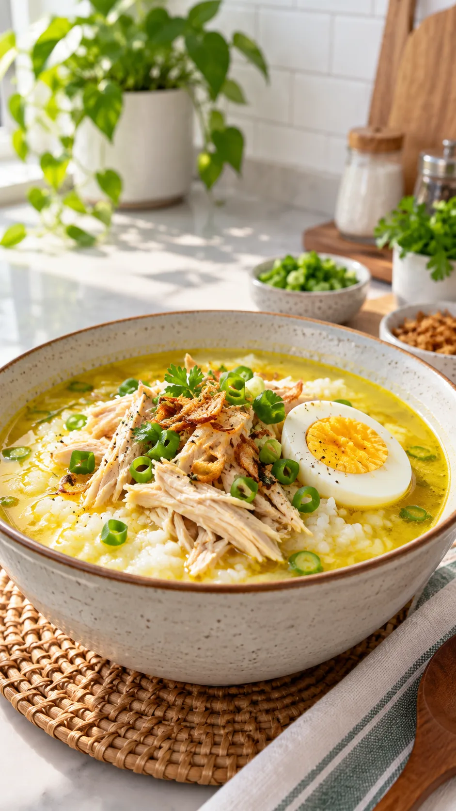 7 Day Diet Menu Indonesia: Lose Weight Without Giving Up Your Favorite Local Dishes 2 A modern Indonesian breakfast setup featuring a healthy bowl of bubur ayam without fried crackers, topped with shredded chicken breast, boiled egg, scallions, and light yellow turmeric broth, shot in a bright modern kitchen