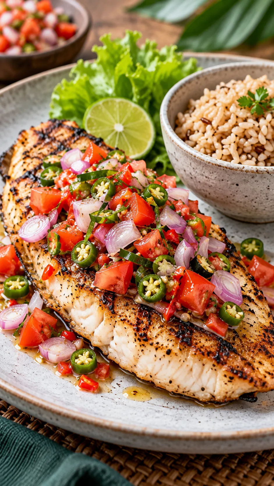 7 Day Diet Menu Indonesia: Lose Weight Without Giving Up Your Favorite Local Dishes 3 Grilled fish fillet topped with vibrant colorful sambal dabu-dabu featuring red tomatoes, green chilies, shallots, alongside a small cup of brown rice, clean modern food photography, high resolution