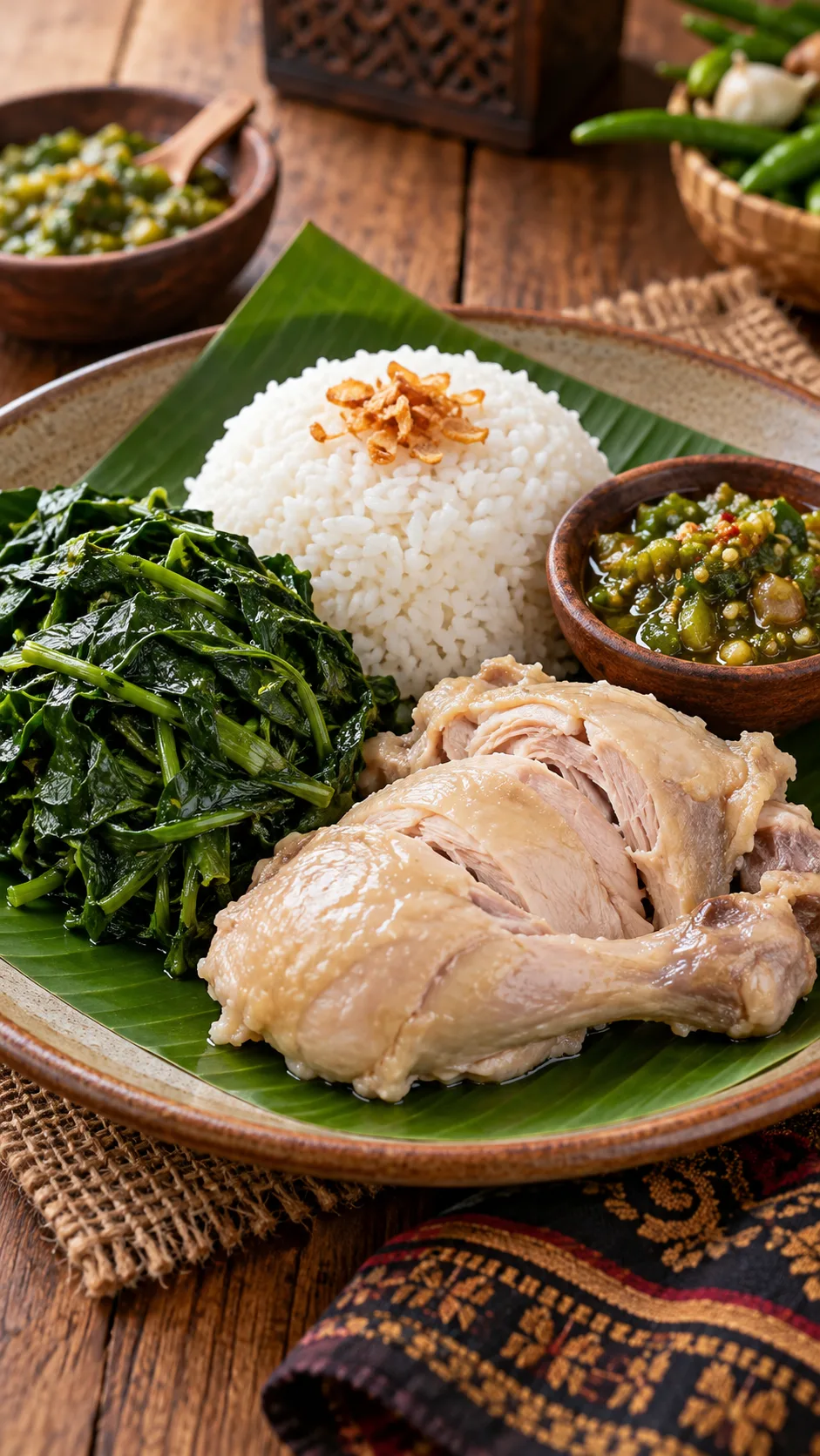 7 Day Diet Menu Indonesia: Lose Weight Without Giving Up Your Favorite Local Dishes 4 A diet-friendly Indonesian Padang plate featuring skinless Ayam Pop, vibrant green boiled cassava leaves, spicy green sambal ijo, and a controlled portion of steamed rice, set on a rustic wooden table