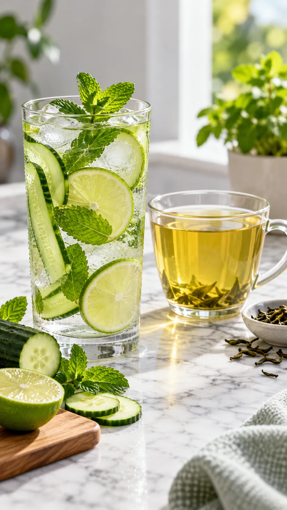 7 Day Diet Menu Indonesia: Lose Weight Without Giving Up Your Favorite Local Dishes 5 A refreshing glass of cold infused water with mint leaves, lime slices, and cucumber strips beside a glass of pure unsweetened green tea on a clean marble surface, bright natural daylight