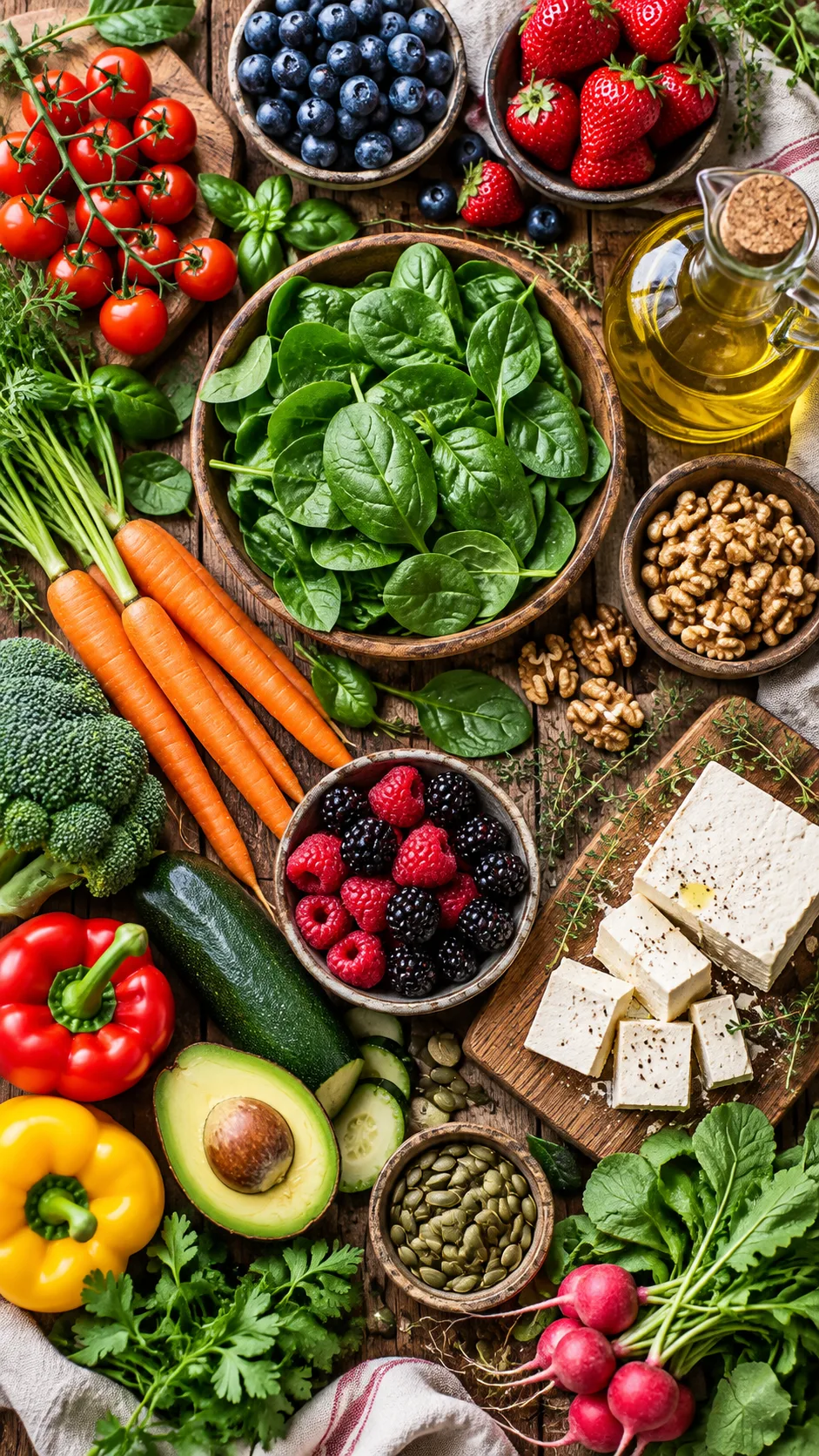 The Blood Type Diet for A+ That Actually Changes How You Feel in 30 Days 1 A vibrant, beautifully styled rustic wooden table filled with fresh organic vegetables, leafy spinach, berries, walnuts, tofu, and olive oil, natural soft daylight, top-down editorial shot