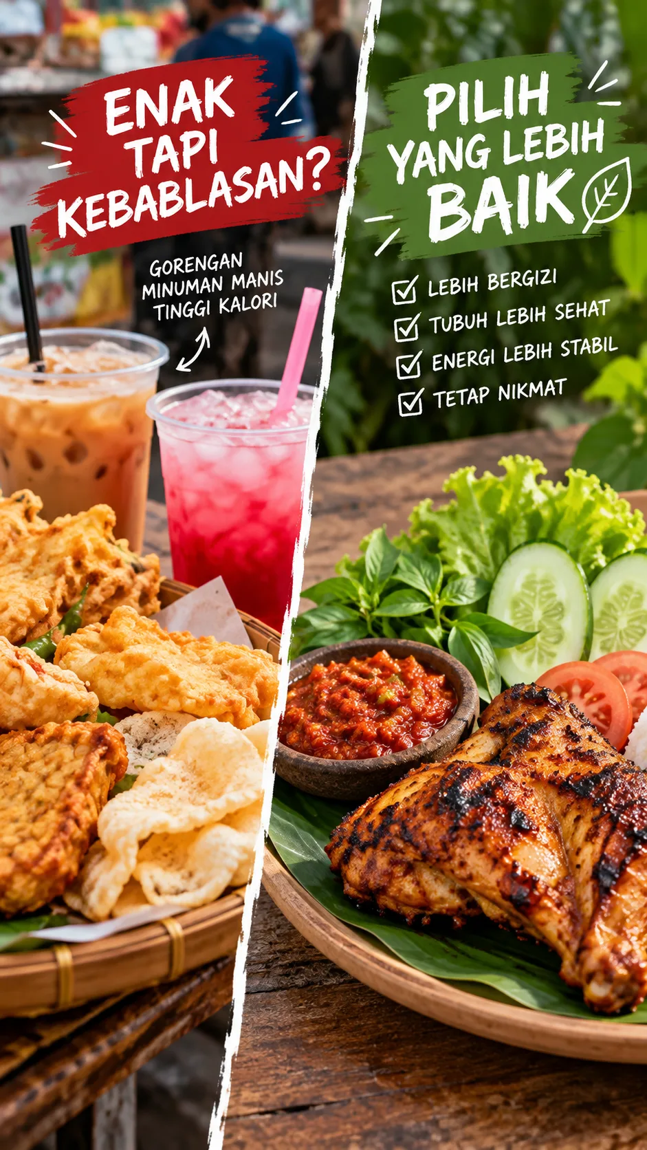 7 Day Diet Menu Indonesia: Lose Weight Without Giving Up Your Favorite Local Dishes 6 A tempting spread of traditional Indonesian street foods like fried crackers and sweet drinks contrasted next to a fresh clean plate of grilled chicken with sambal and raw greens, showing healthy choices visually