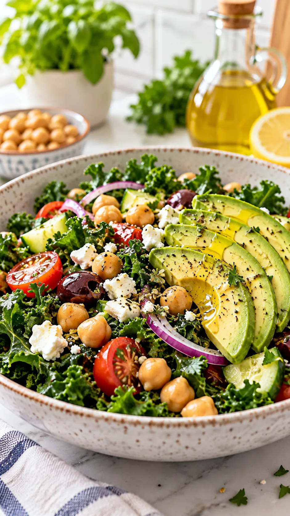 The Blood Type Diet for A+ That Actually Changes How You Feel in 30 Days 2 Close-up of a vibrant Mediterranean salad with green kale, olive oil drizzle, chickpeas, and sliced avocados in a modern ceramic bowl, bright kitchen background