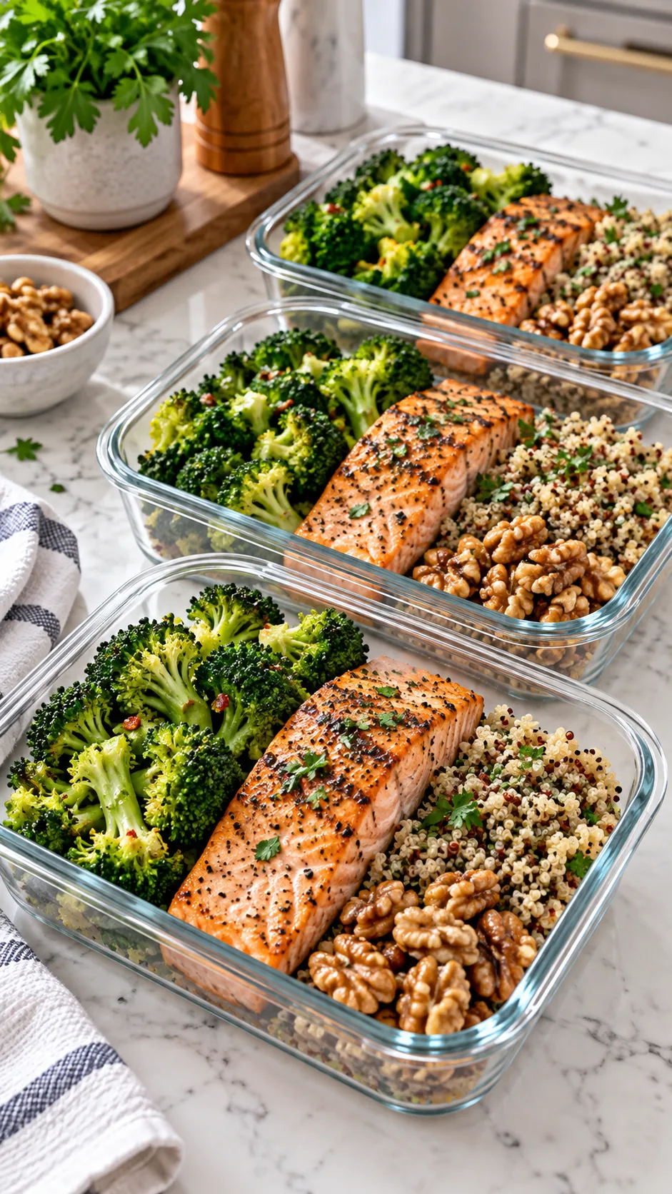 The Blood Type Diet for A+ That Actually Changes How You Feel in 30 Days 3 A clean, organized meal prep container display on a quartz kitchen counter, containing grilled salmon, steamed broccoli, seasoned quinoa, and walnut clusters, modern photography