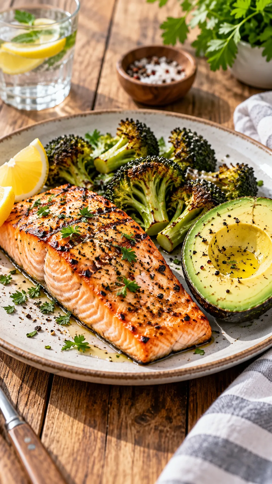 The Endomorph Diet Plan That Finally Stops the Weight From Coming Back 1 A vibrant, delicious healthy meal plate featuring grilled salmon, half an avocado, and roasted broccoli on a clean rustic wooden dining table in soft daylight.