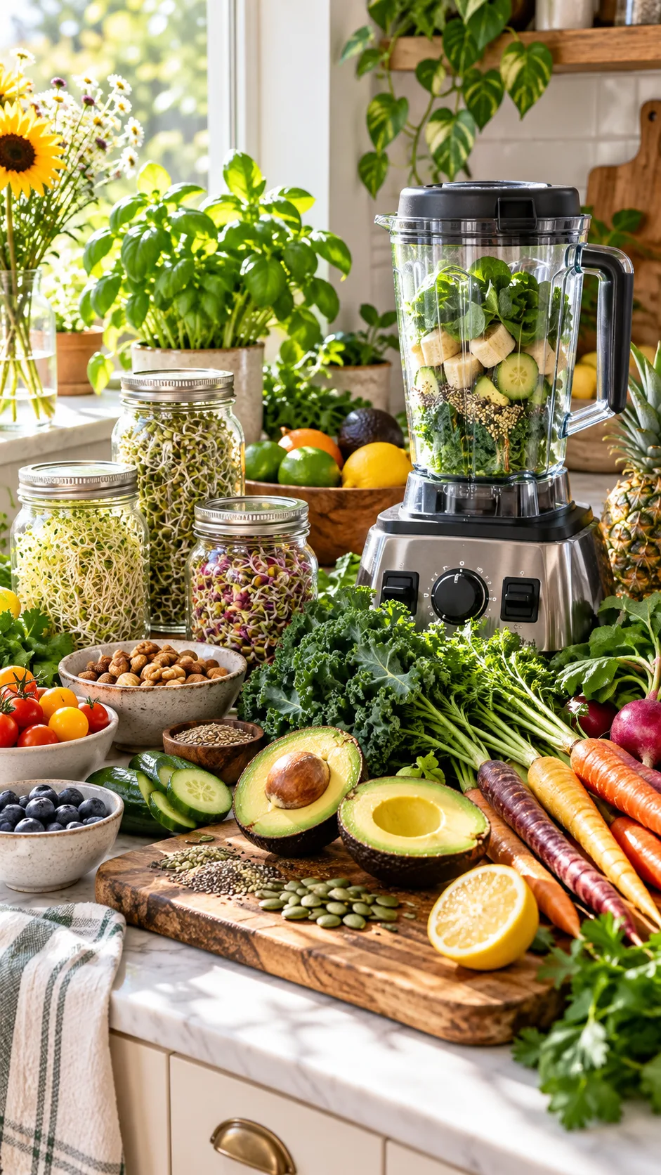 A vibrant, aesthetic kitchen counter filled with fresh raw organic produce, sprouting jars, cut avocados, leafy greens, colorful heirloom carrots, and a high-speed glass blender in natural morning sunlight.