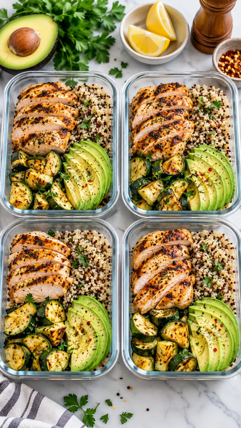 The Endomorph Diet Plan That Finally Stops the Weight From Coming Back 3 An organized weekly meal prep spread in glass containers with grilled chicken, quinoa, roasted zucchini, and sliced avocado.