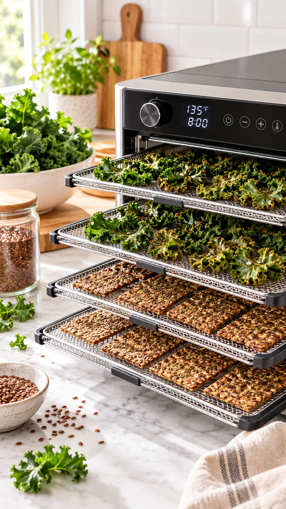 A modern dehydrator with slide-out trays drying raw kale chips and flaxseed crackers in a bright kitchen setting.