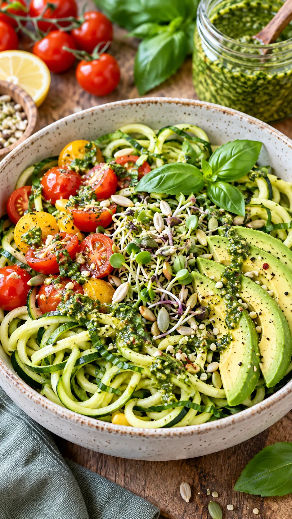 A delicious, colorful raw food meal bowl with spiralized zucchini noodles, cherry tomatoes, creamy avocado slices, sprouted seeds, and green basil pesto dressing.