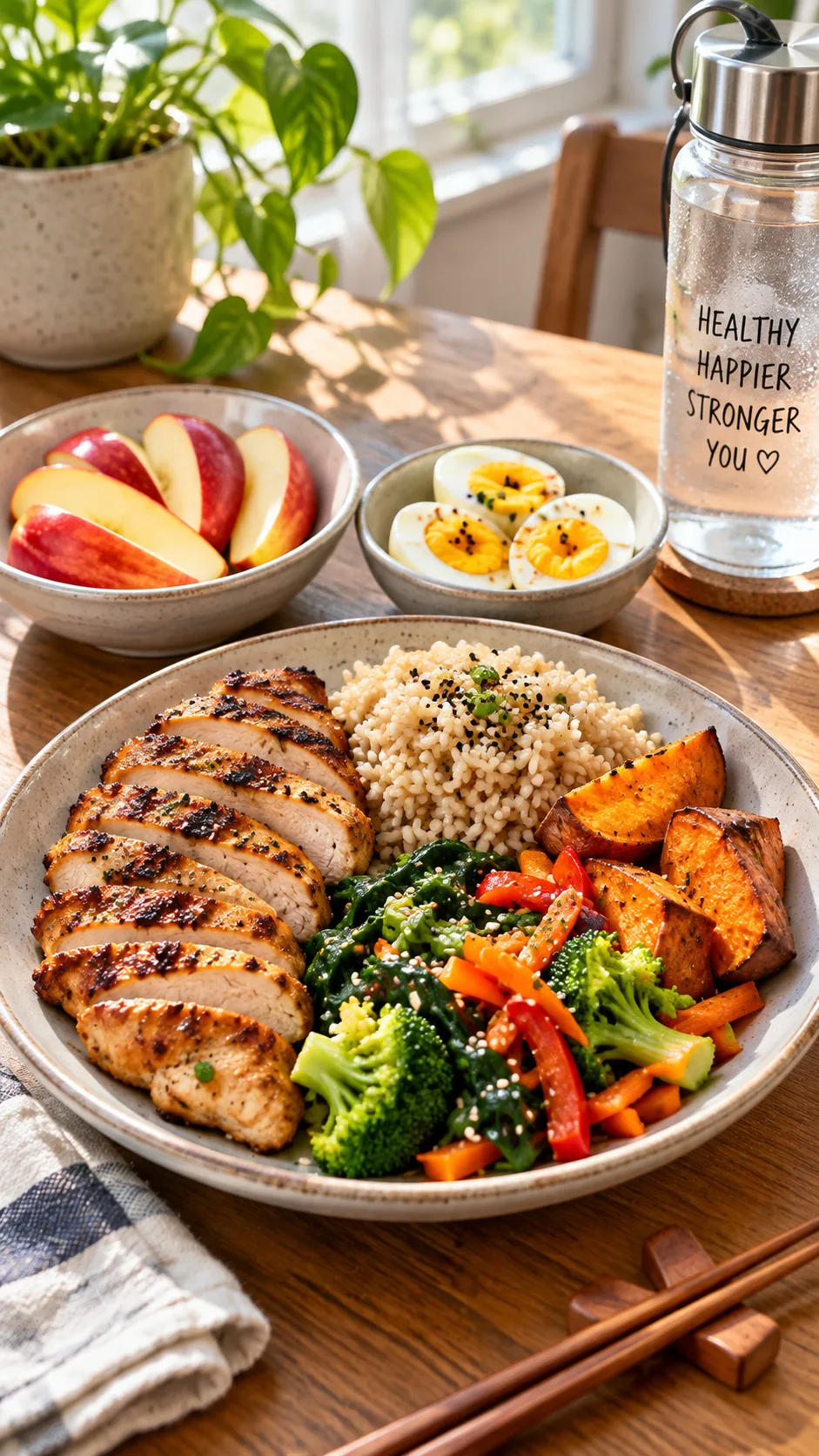 Bright realistic food photography of a balanced Korean-inspired weight loss meal plan on a wooden table, grilled chicken breast, roasted sweet potato, apple slices, boiled eggs, mixed vegetables, brown rice, water bottle, natural morning window light, clean approachable healthy lifestyle aesthetic