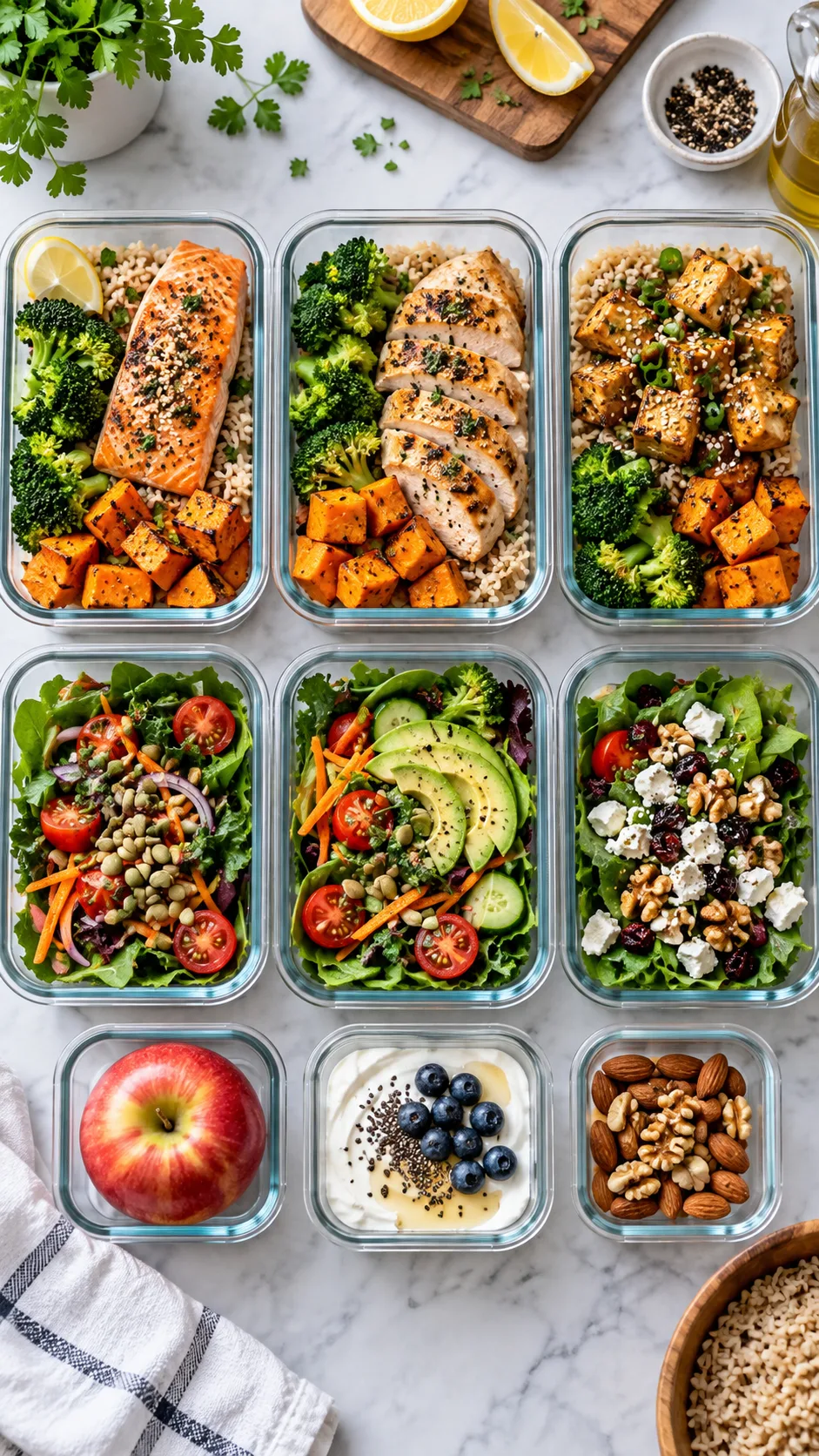 Top-down realistic meal prep photography showing glass containers with balanced portions for weight loss: salmon, chicken, tofu, roasted sweet potatoes, broccoli, leafy salad, apple, Greek yogurt, nuts and brown rice, bright clean kitchen setting