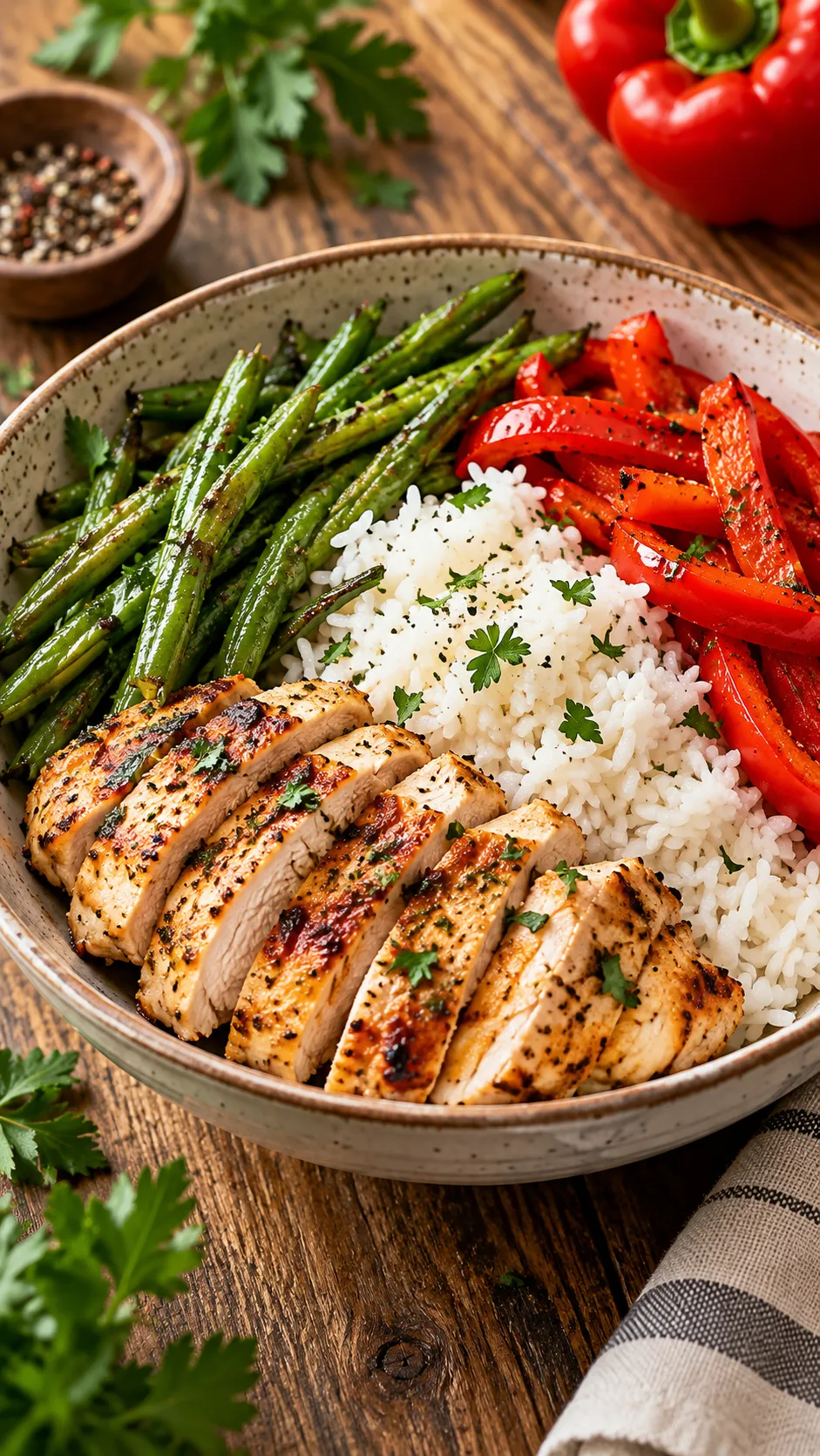 A vibrant, delicious low-potassium meal bowl featuring grilled chicken breast, fluffy white jasmine rice, roasted green beans, and sautéed red bell peppers arranged beautifully on a rustic wooden table