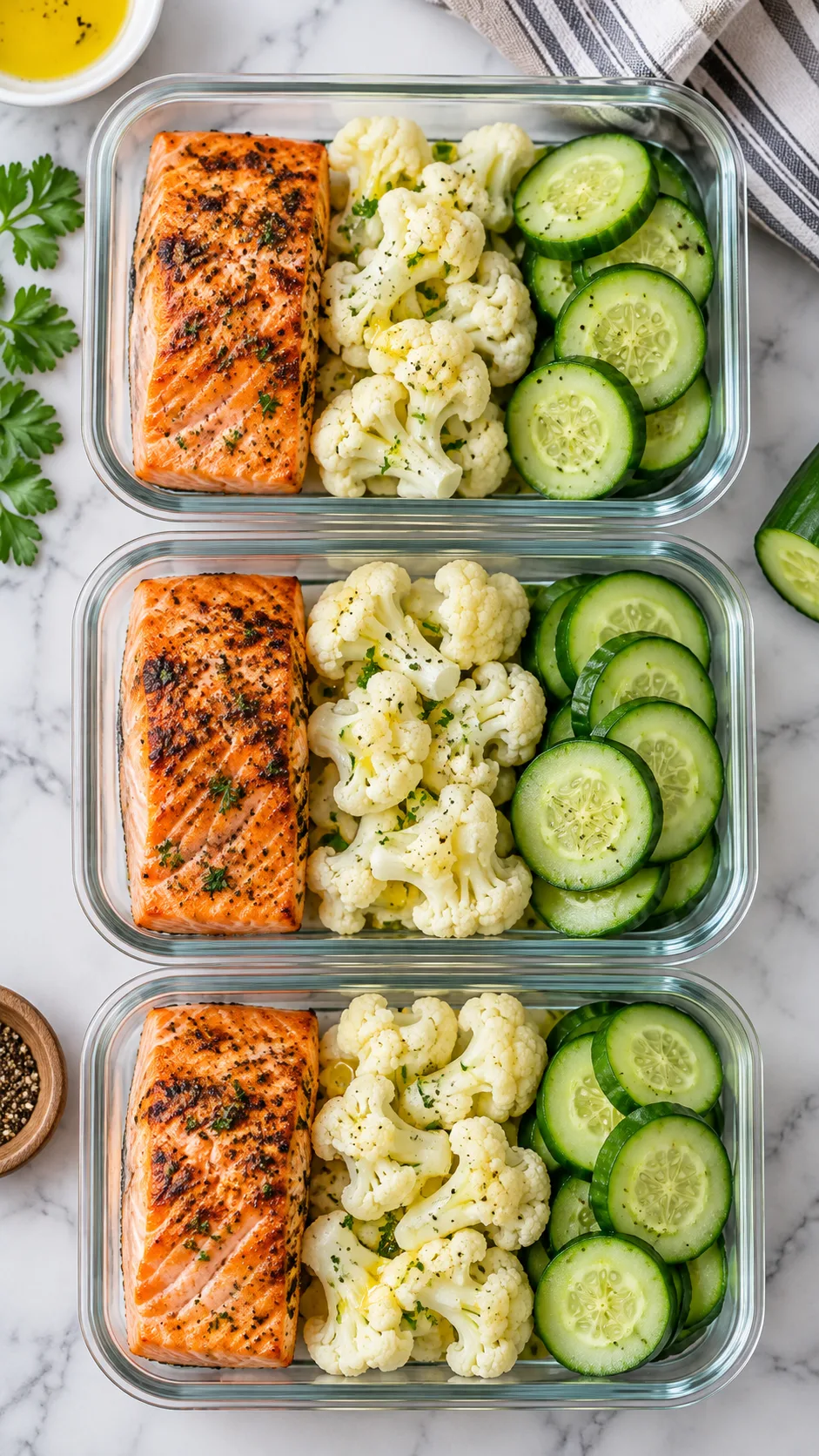 Top-down shot of low-potassium meal prep containers with grilled salmon, steamed cauliflower florets with olive oil drizzle, and fresh sliced cucumbers