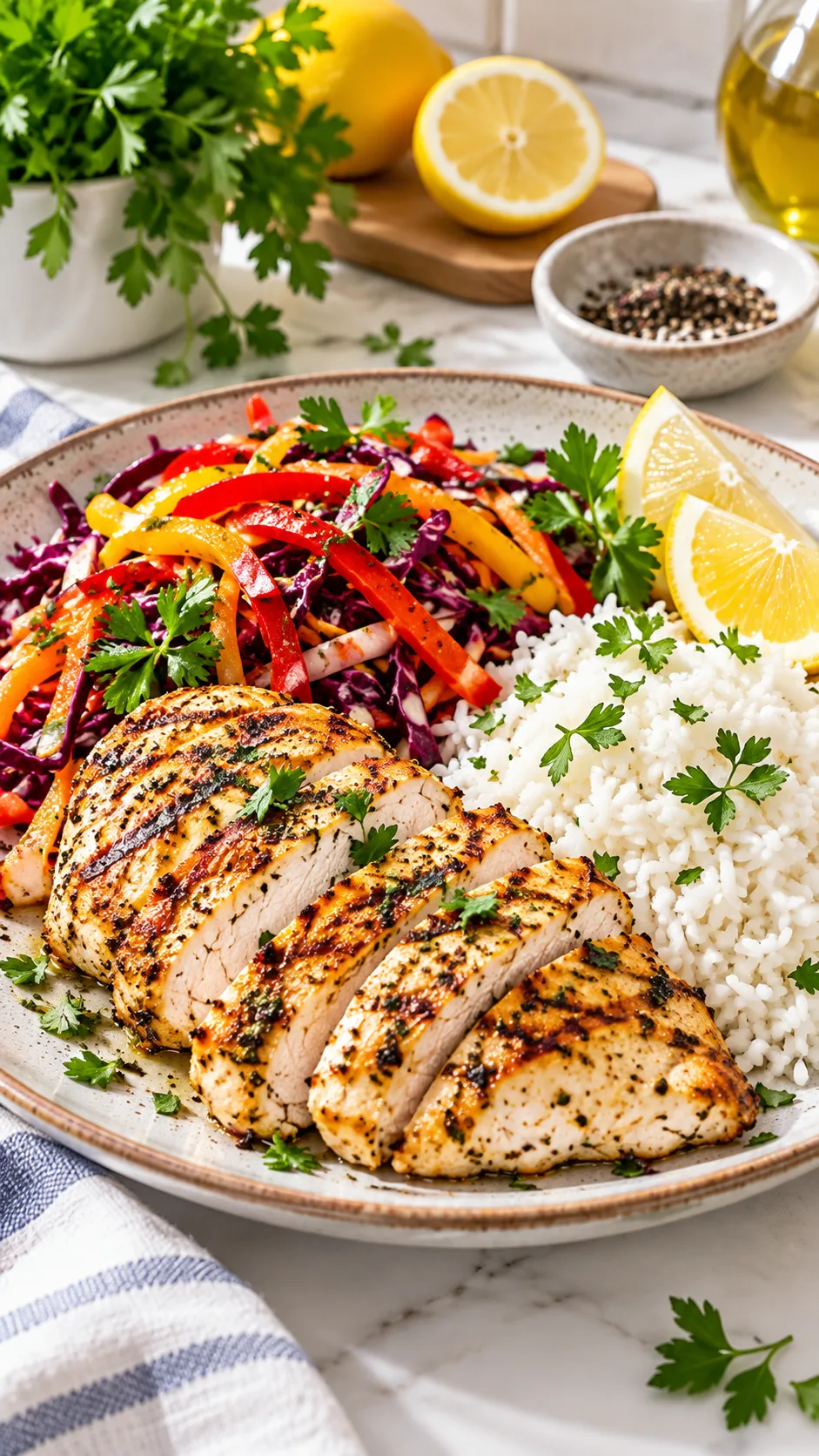 Renal Diet Done Right: What to Eat, What to Skip, and How to Actually Enjoy It 1 A vibrant, delicious kidney-friendly meal featuring seasoned grilled chicken breast, a colorful bell pepper and red cabbage slaw, and fluffy white rice served on a ceramic plate with fresh herbs and lemon wedges on a bright kitchen counter.
