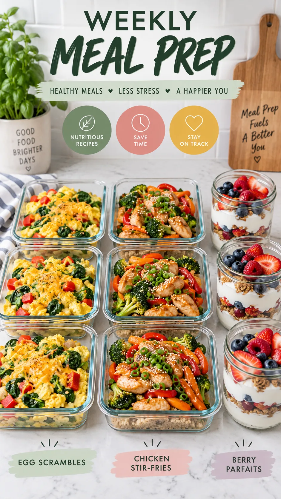 A weekly meal prep layout showing glass containers with egg scrambles, chicken stir-fries, and berry parfaits neatly arranged on a clean kitchen counter