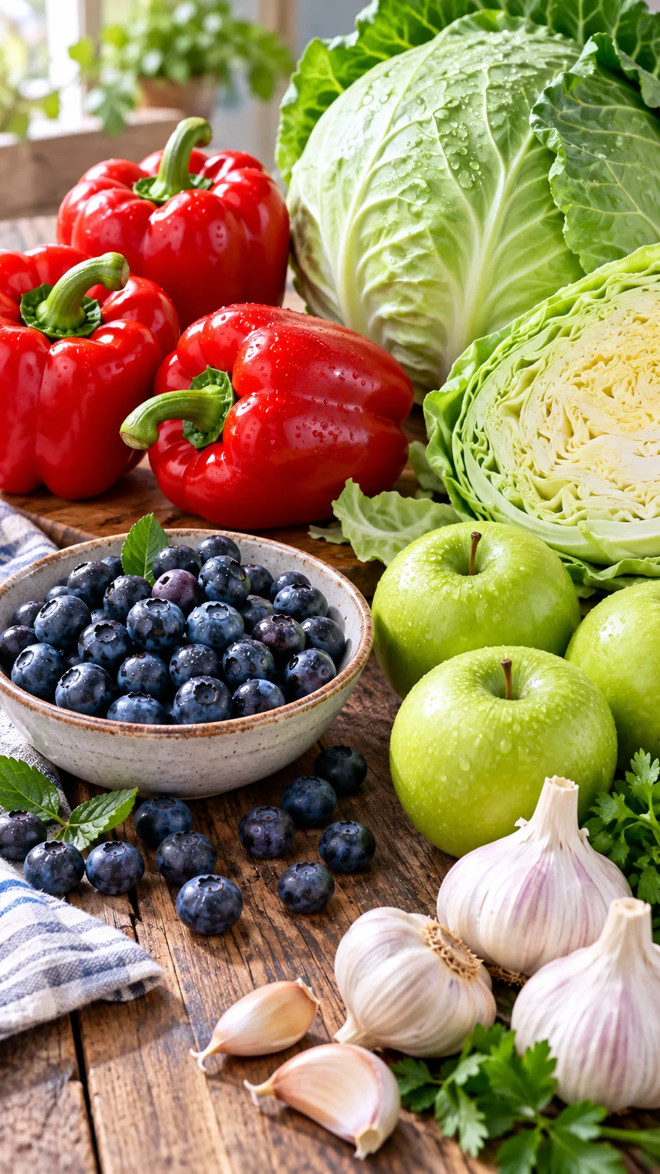 Renal Diet Done Right: What to Eat, What to Skip, and How to Actually Enjoy It 3 Fresh kidney-friendly produce spread out on a wooden table, including bright red bell peppers, crisp cabbage, fresh blueberries, green apples, and garlic bulbs with natural daylight.