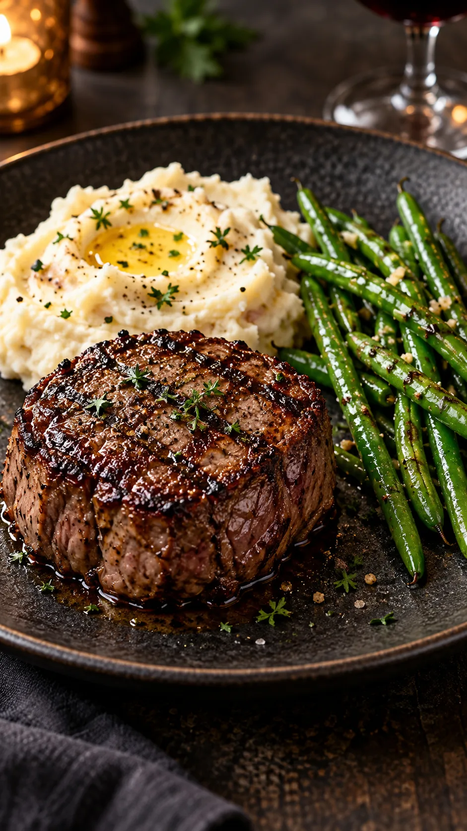 A beautifully plated dinner with a grilled steak filet, a side of leached mashed potatoes with melted butter, and tender green beans on a dark ceramic plate