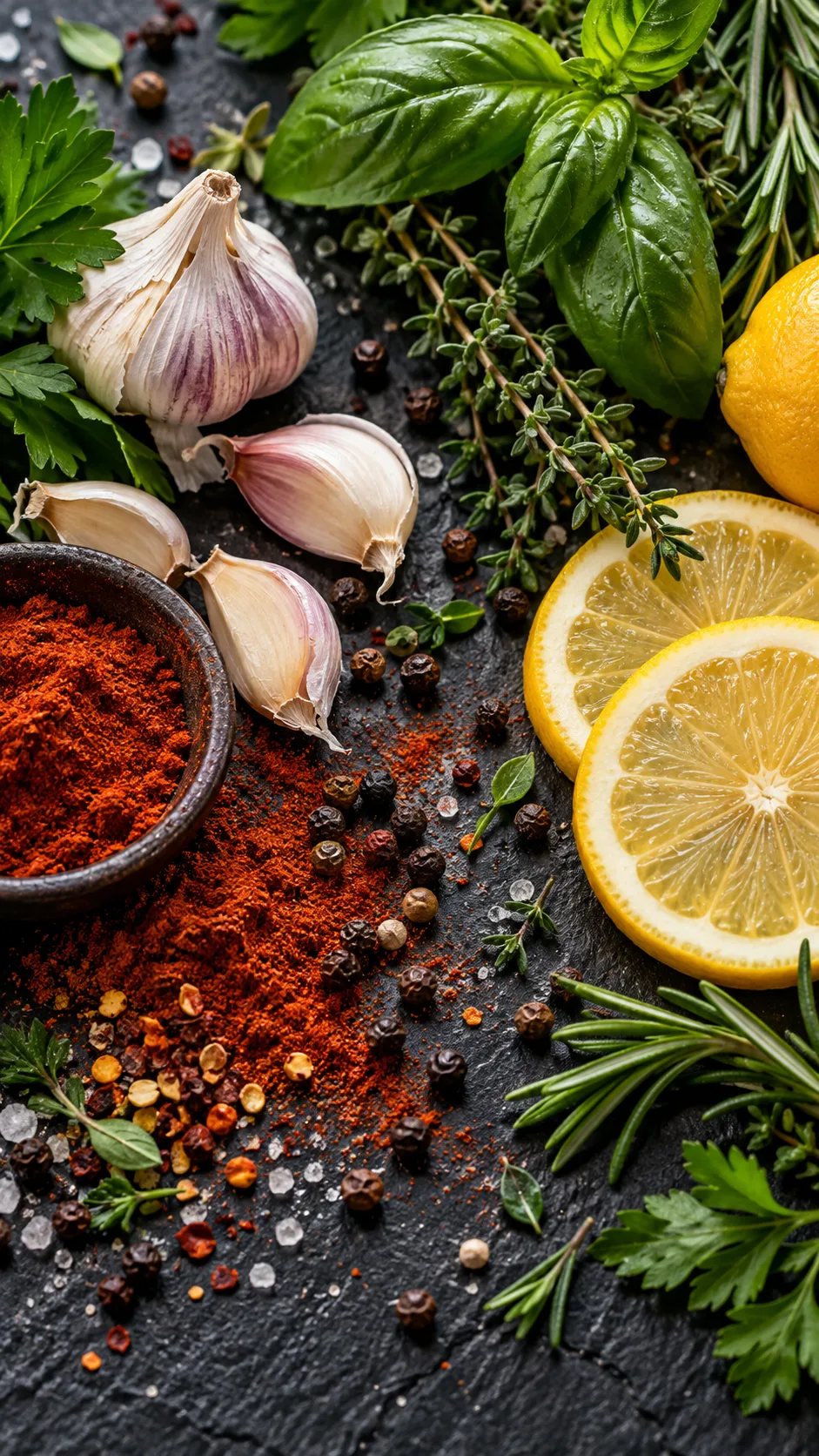 Renal Diet Done Right: What to Eat, What to Skip, and How to Actually Enjoy It 4 A close-up shot of an assortment of fresh herbs, garlic cloves, whole peppercorns, lemon slices, and smoked paprika scattered artfully on a dark slate cooking surface.