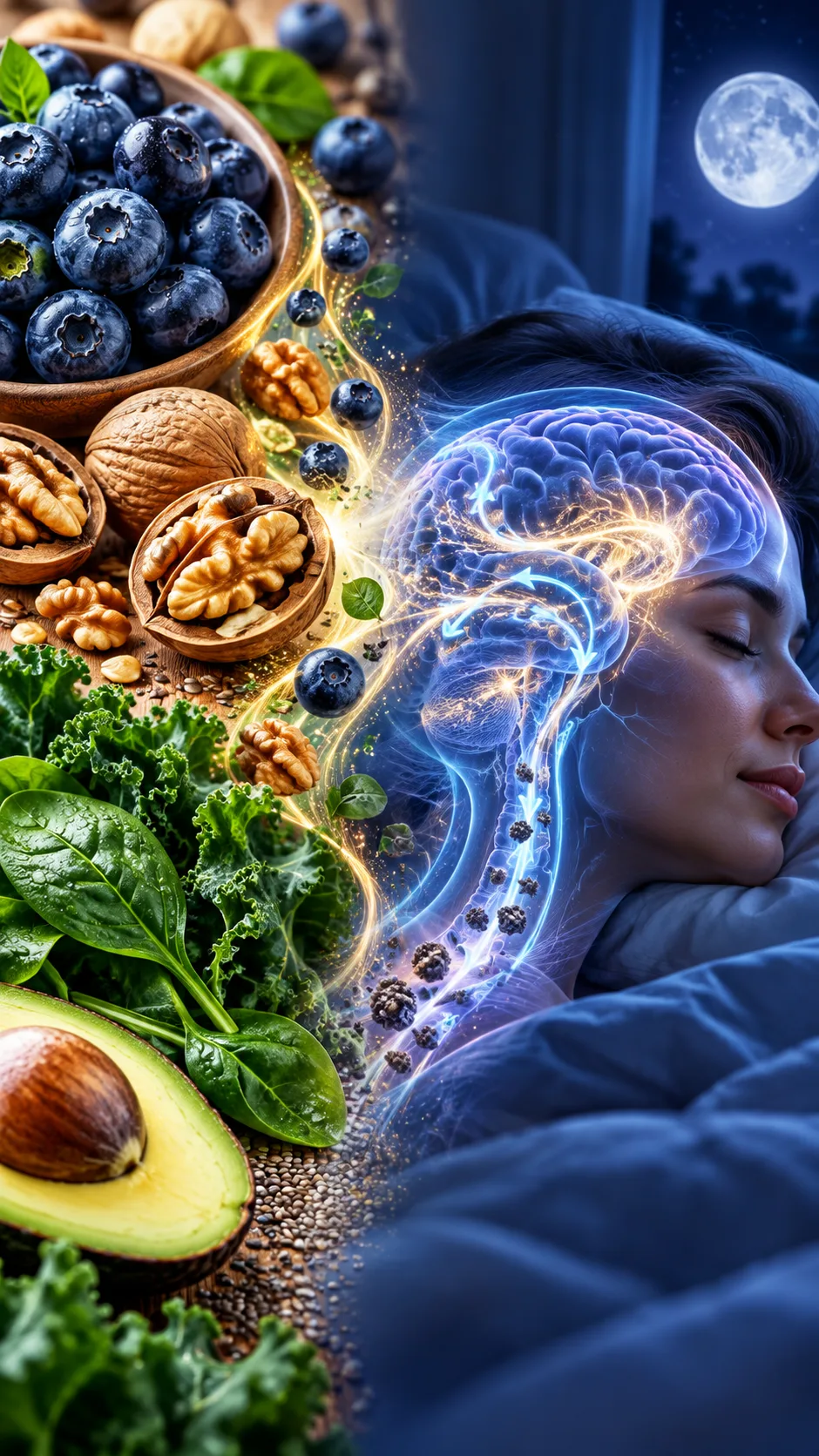 A cinematic, split-image concept showing vibrant brain-healthy foods like blueberries, walnuts, and leafy greens on one side, transitioning into a glowing, calm nighttime visual of a sleeping human head with subtle bioluminescent neural pathways clearing toxins