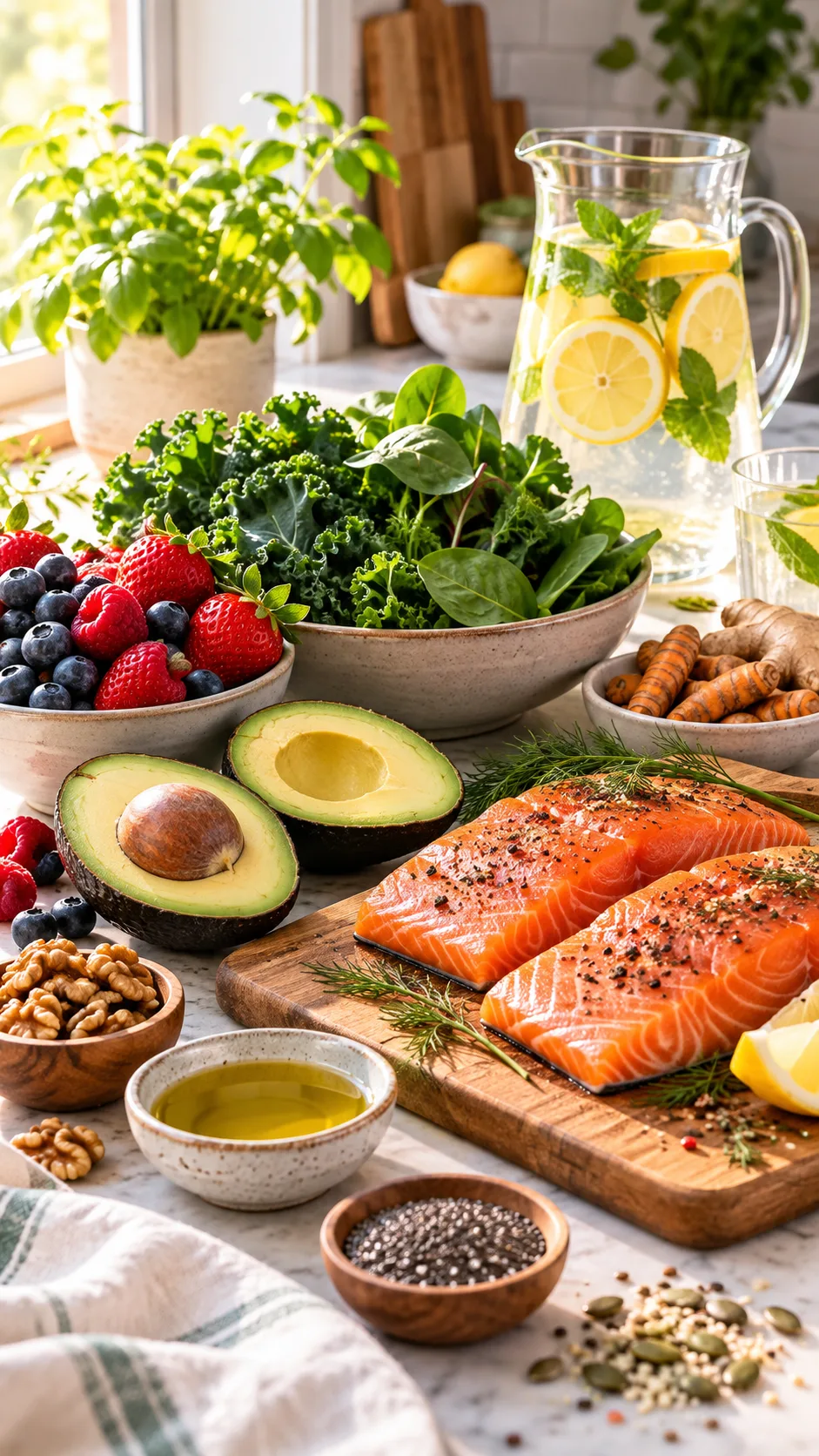 The Sjögren's Syndrome Diet That Finally Calmed My Chronic Inflammation 1 A vibrant, warm kitchen counter featuring anti-inflammatory whole foods, sliced avocados, wild salmon fillets, leafy greens, colorful berries, and a pitcher of lemon-infused water in soft morning sunlight