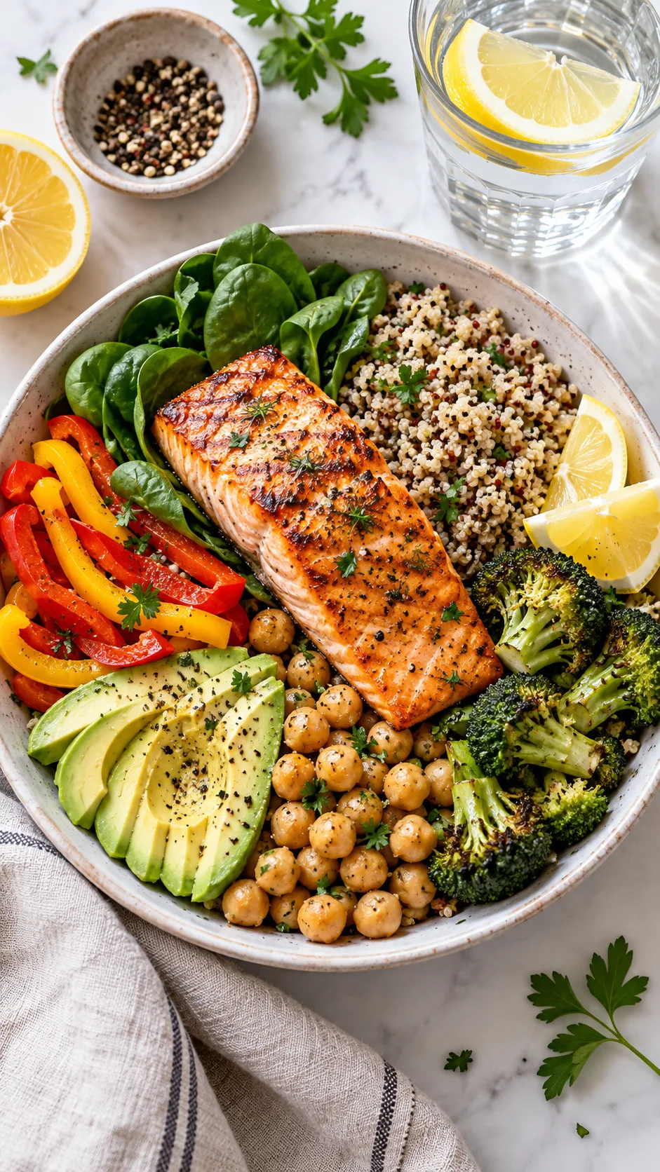 The Fibroid Diet That Actually Shrinks Symptoms (And What Most Women Get Wrong) 3 Overhead realistic food photography of a fibroid-friendly balanced lunch bowl with grilled salmon, spinach, roasted broccoli, quinoa, chickpeas, sliced bell peppers, avocado, lemon wedges, and a glass of water, clean bright natural lighting, editorial nutrition magazine style