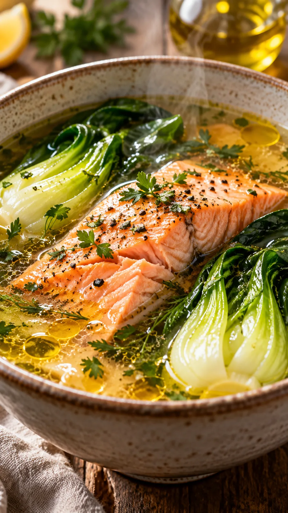 The Sjögren's Syndrome Diet That Finally Calmed My Chronic Inflammation 2 Close-up culinary photography of a warm bowl of bone broth with wild salmon, steamed bok choy, and olive oil drizzle, showing glistening, lubricating textures