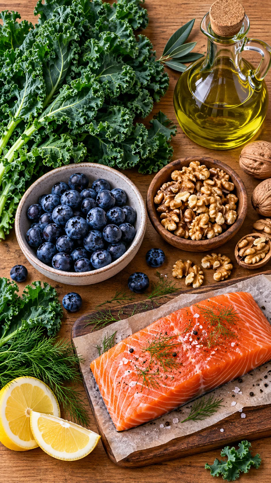 A flat lay arrangement of fresh MIND diet ingredients: dark curly kale, fresh blueberries in a ceramic bowl, raw walnuts, a glass bottle of extra virgin olive oil, and wild salmon fillet on a clean wooden countertop